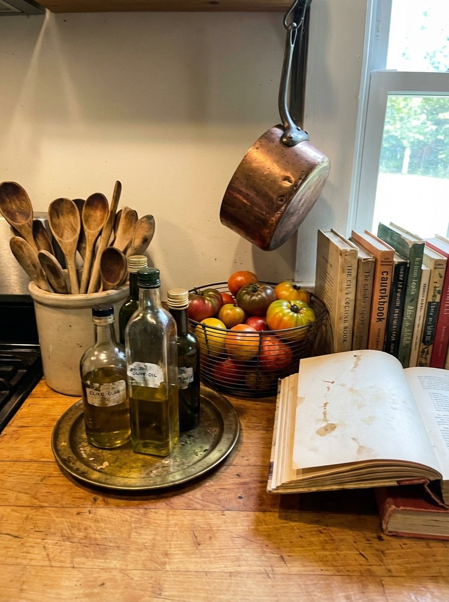 Curated kitchen counter display featuring wooden utensils, olive oil bottles, fresh tomatoes, cookbooks, and copper pot as functional decor