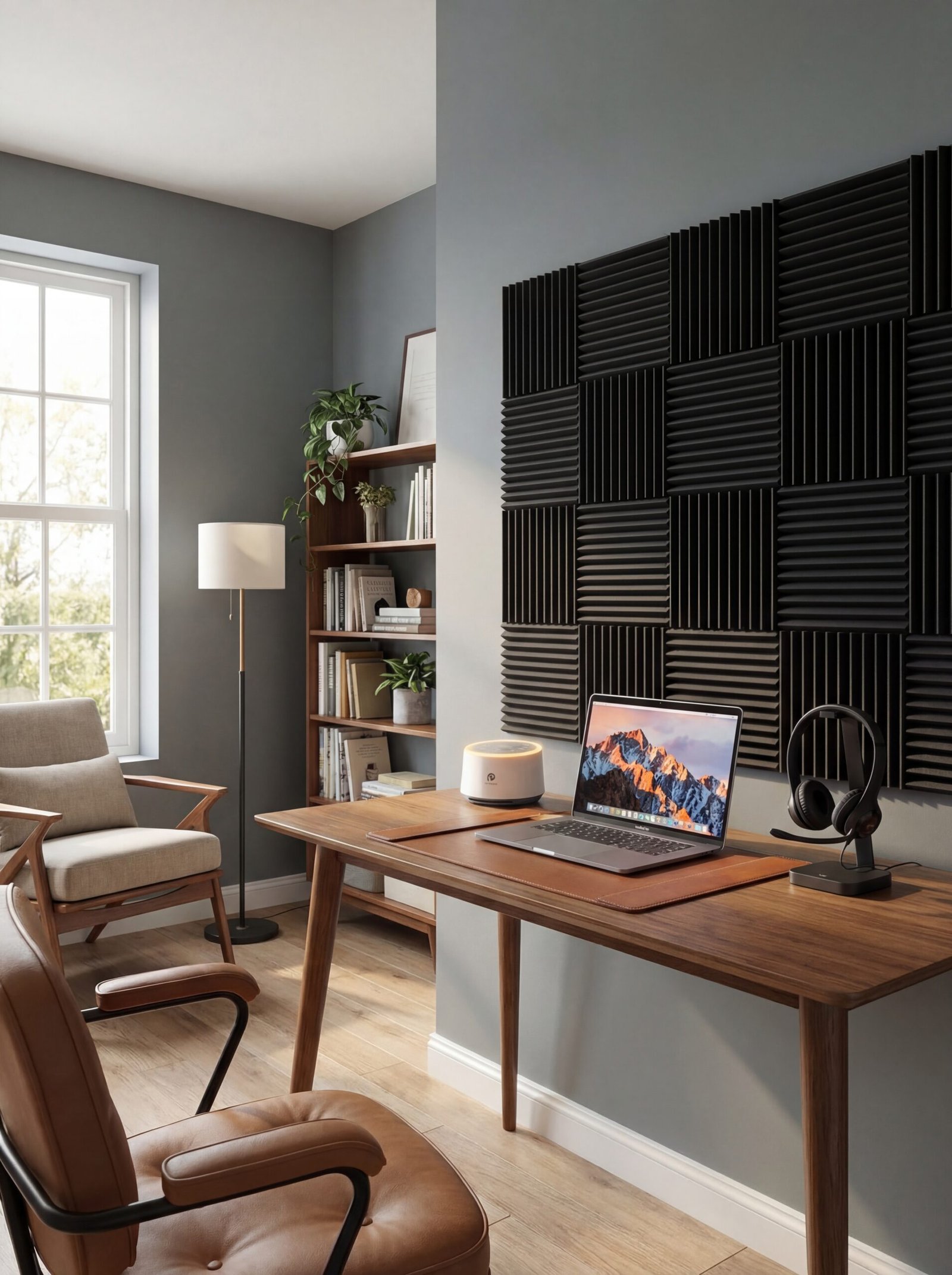 Acoustically optimized home office with sound-absorbing foam panels on walls, white noise machine for ambient sound control, and noise-cancelling headset for distraction-free deep work sessions