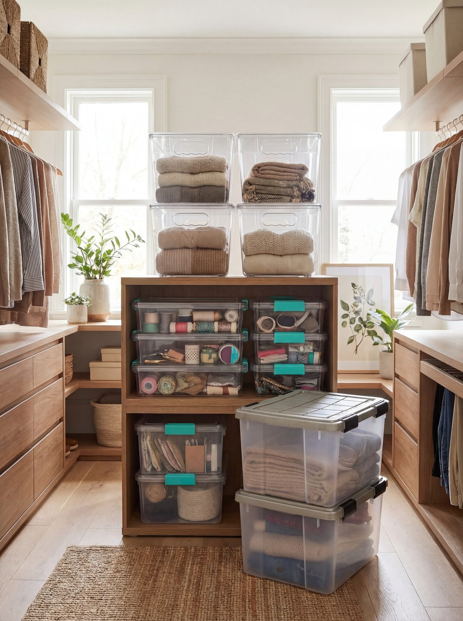 Clear stackable storage containers efficiently organized vertically in attic storage area