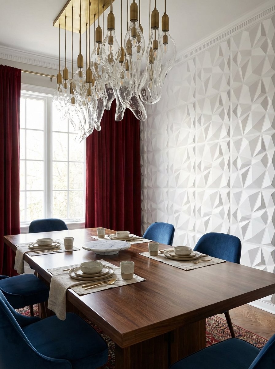 Dramatic chandelier and modern pendant lights creating sculptural focal points in upscale interior spaces