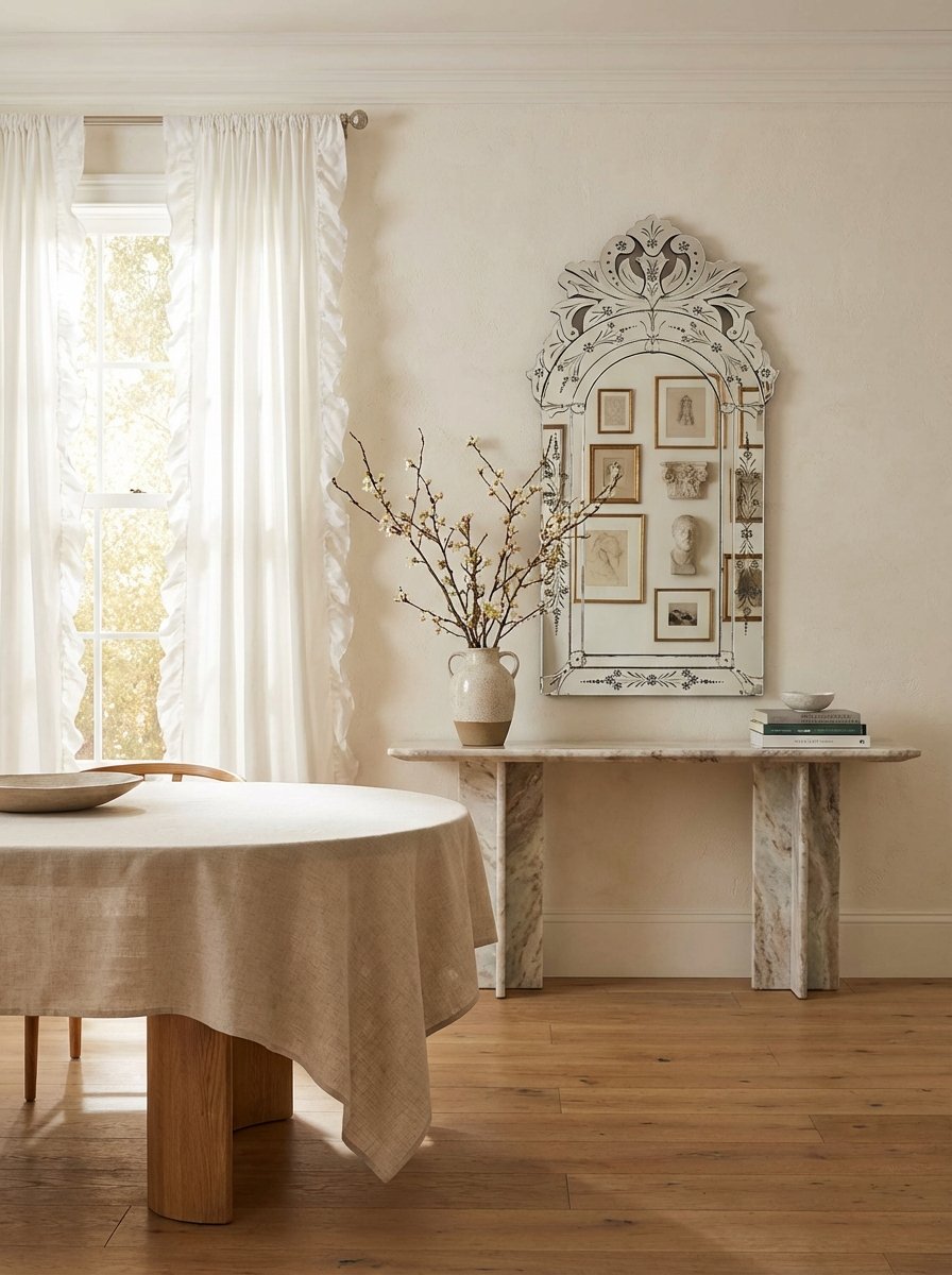 Oversized decorative mirrors with ornate frames and modern geometric designs reflecting light and creating spatial illusions