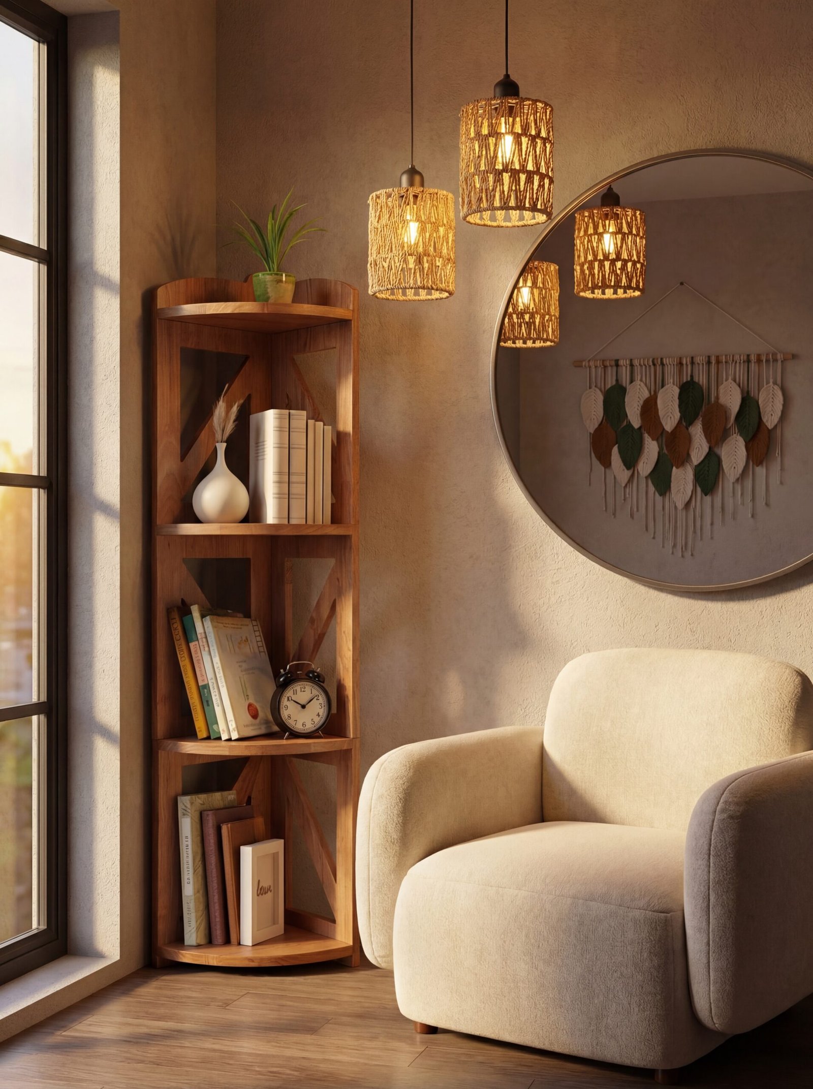 Strategic room styling featuring corner shelf with lighting, hanging rattan pendant, and macrame wall art creating layered visual depth