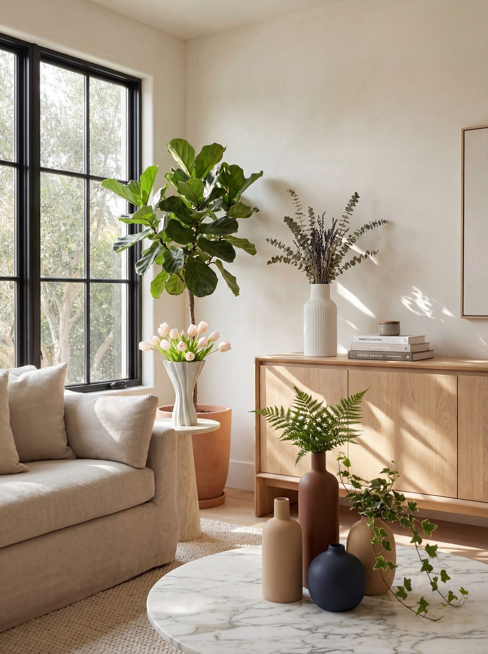 Minimalist white ceramic planters and neutral matte vases with organic irregular shapes perfect for bringing indoor plants and nature into modern homes