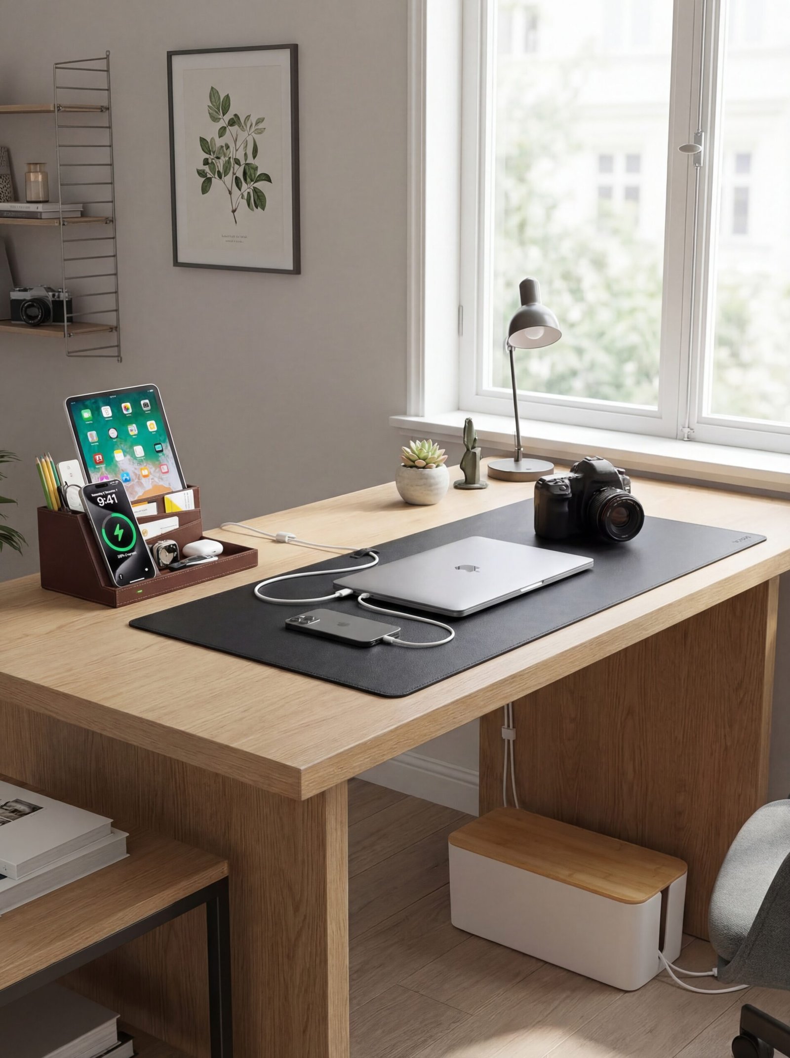 Cable-managed home office setup with concealed cord organizer box, premium leather desk mat with built-in cable channels, and multi-device wireless charging station eliminating desk surface clutter