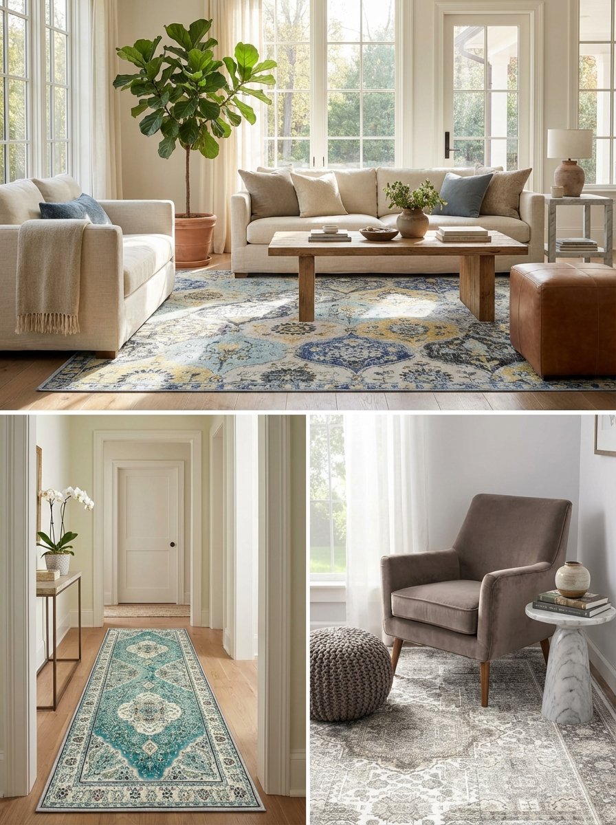 Layered area rugs defining distinct zones and adding texture warmth pattern to modern living space floor