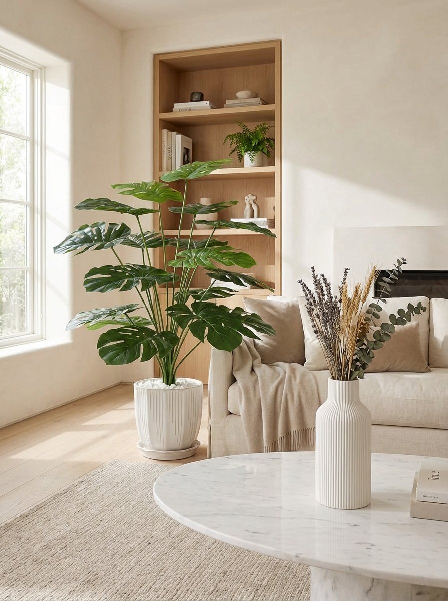 Lush artificial tropical monstera palm tree in elegant pot alongside white ceramic planters and modern vases showcasing sophisticated indoor plant decor and stylish planter options