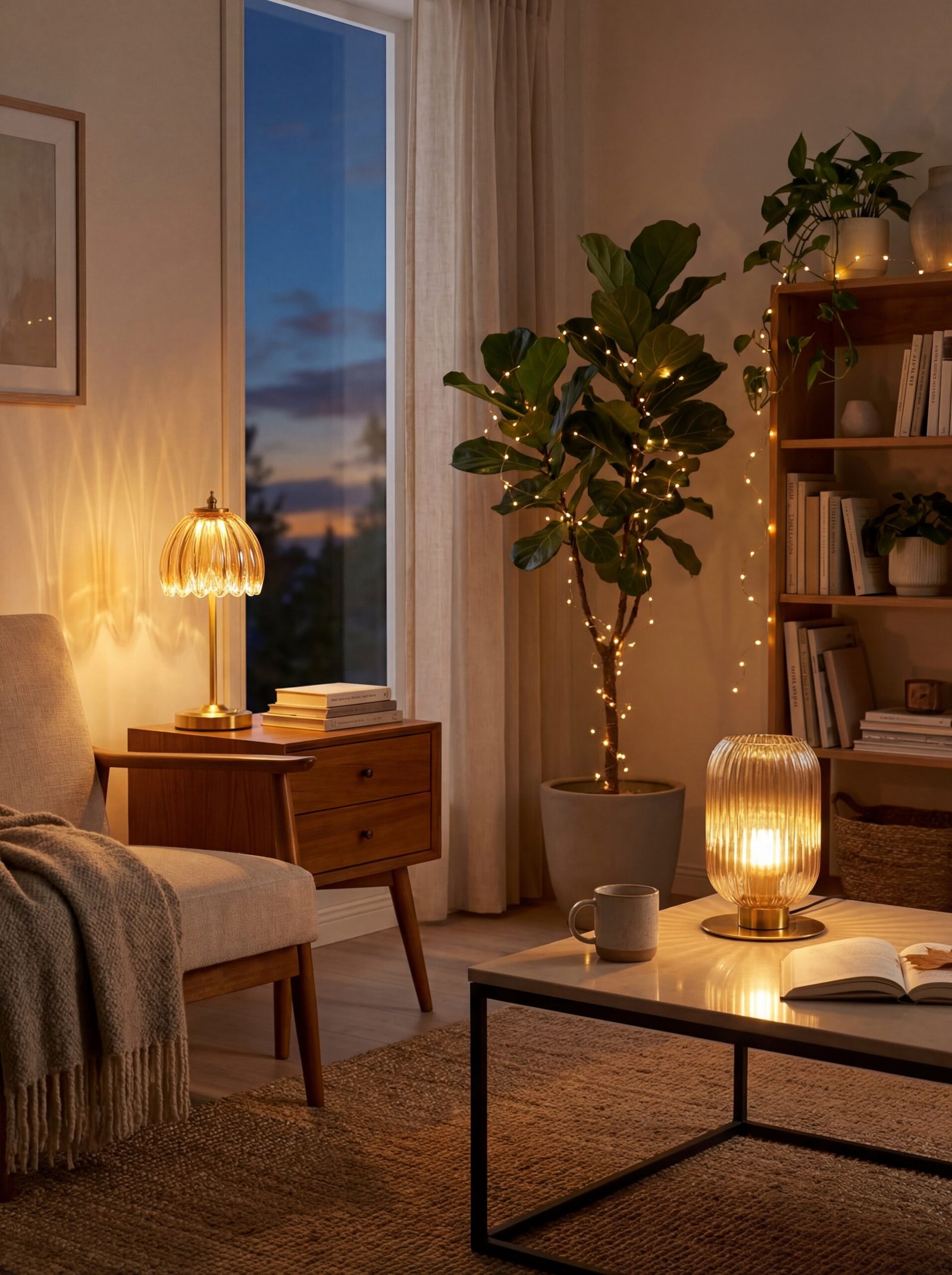 Warm ambient lighting design featuring cordless table lamps and fairy lights creating a soft glowing atmosphere