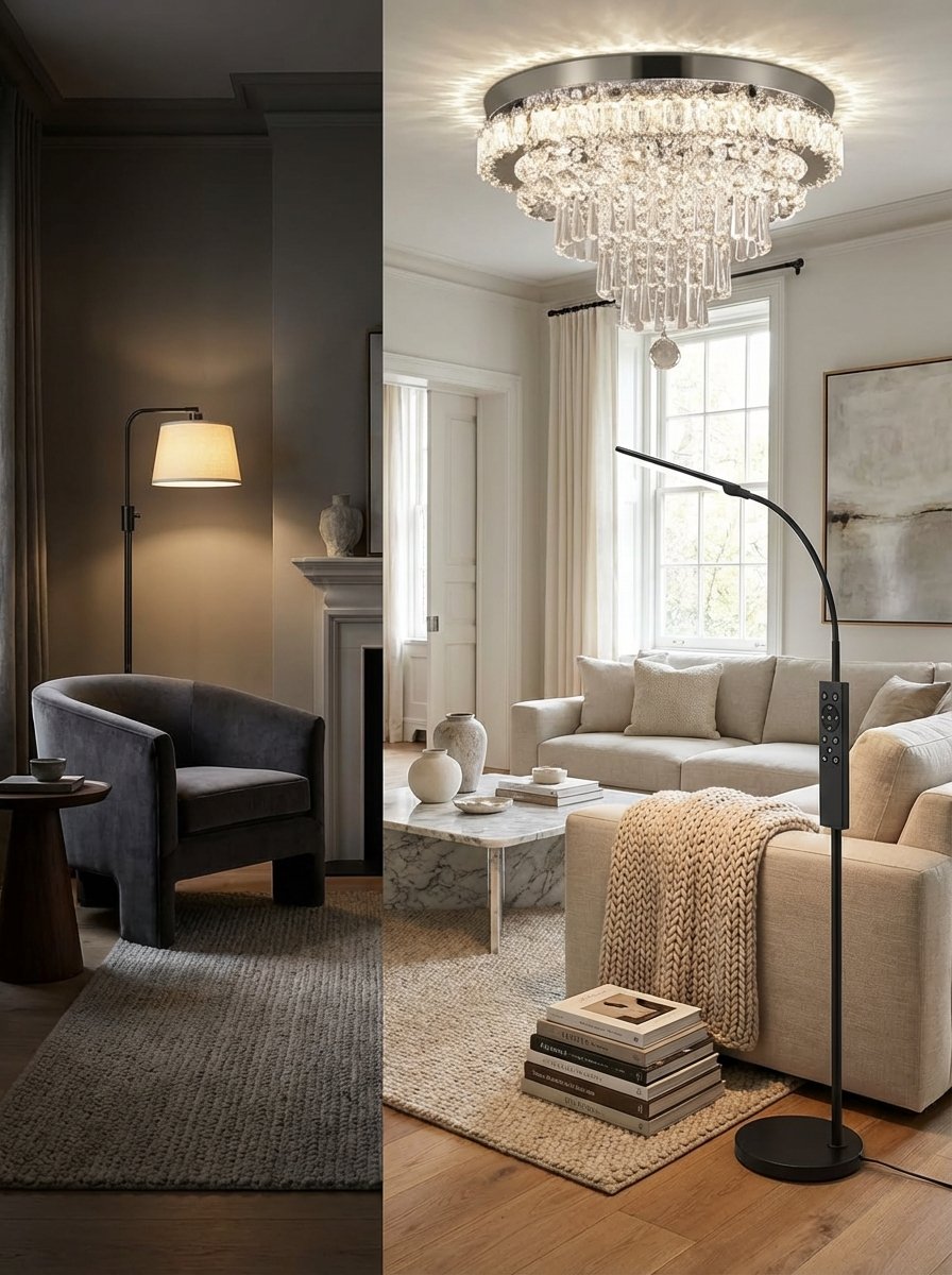 Modern statement lighting transforming a living space with dramatic ambient glow and sculptural design elements