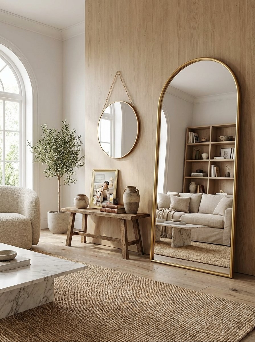 Elegant oversized gold-framed arched floor mirror reflecting natural light in a sophisticated living space with timeless interior design