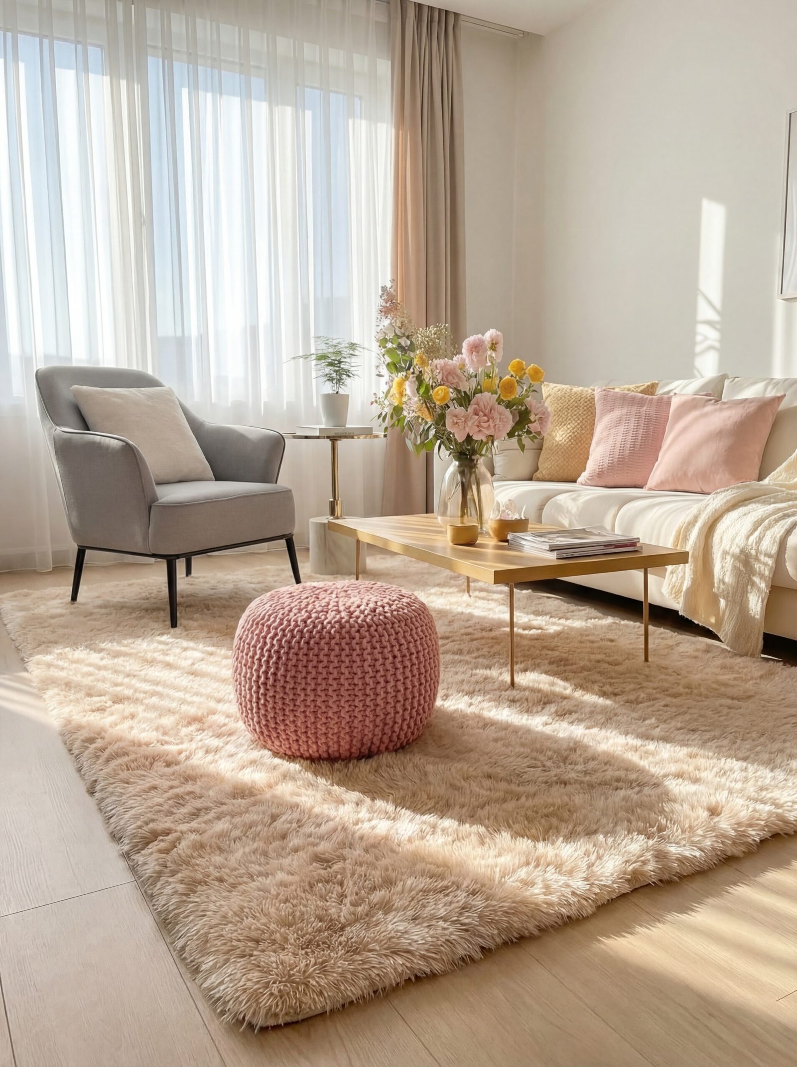 Plush area rugs in neutral tones including beige shag and faux fur rugs with decorative floor pouf creating grounded comfort