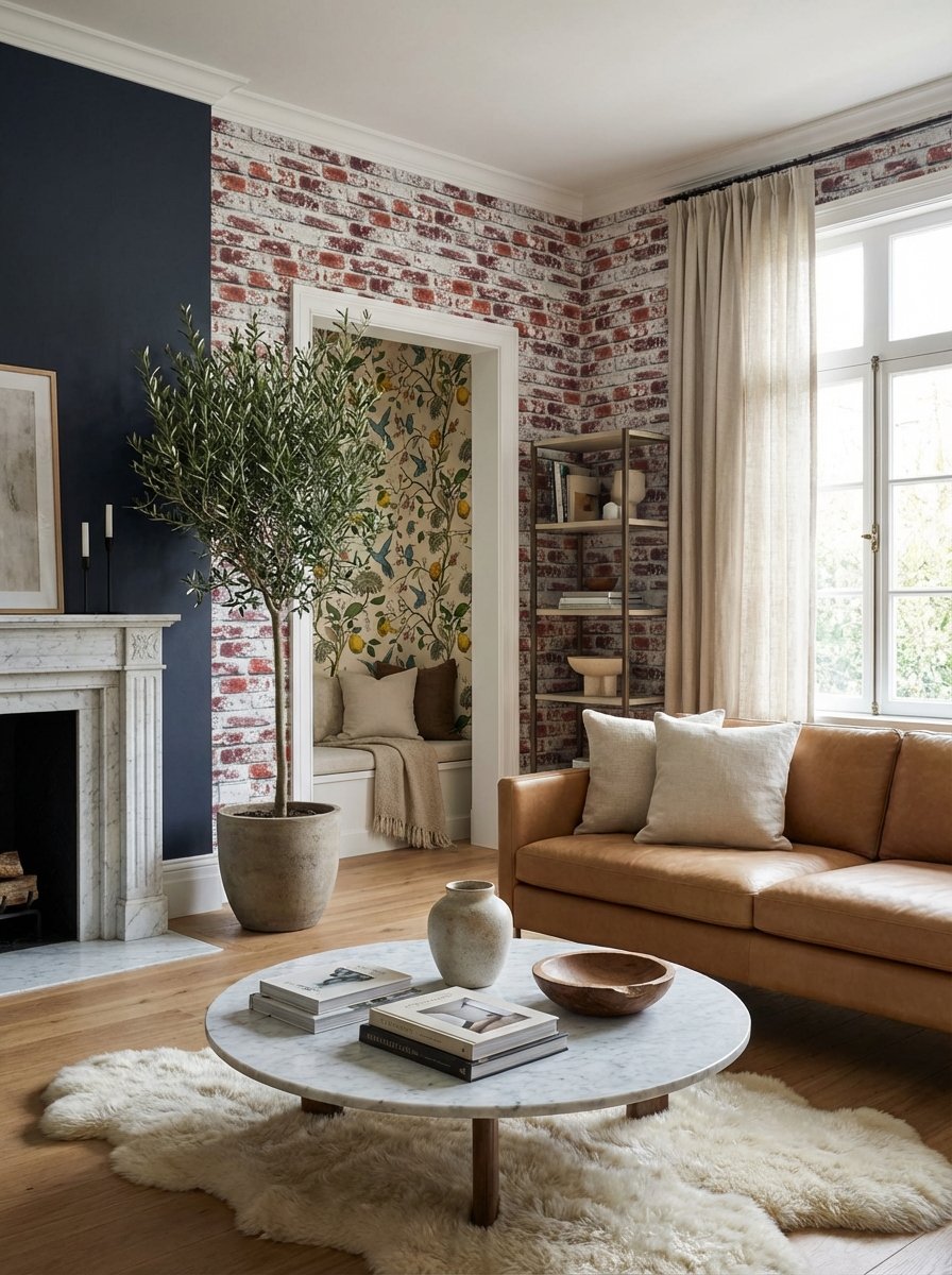 Bold painted accent wall featuring striking color or pattern creating dramatic focal point in contemporary room design