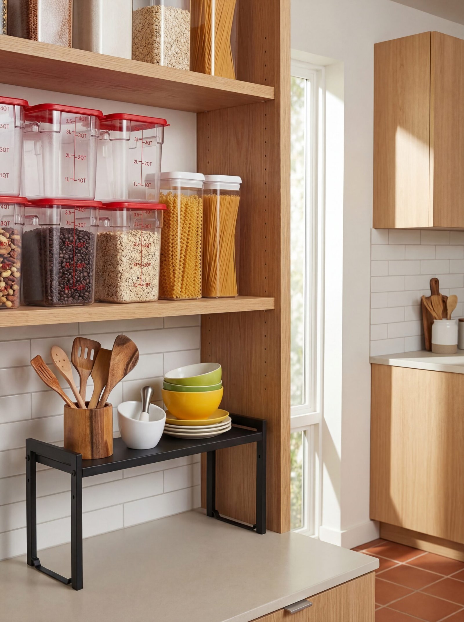 Decluttered pantry in process with expired items being removed and essential items being consolidated into proper storage containers