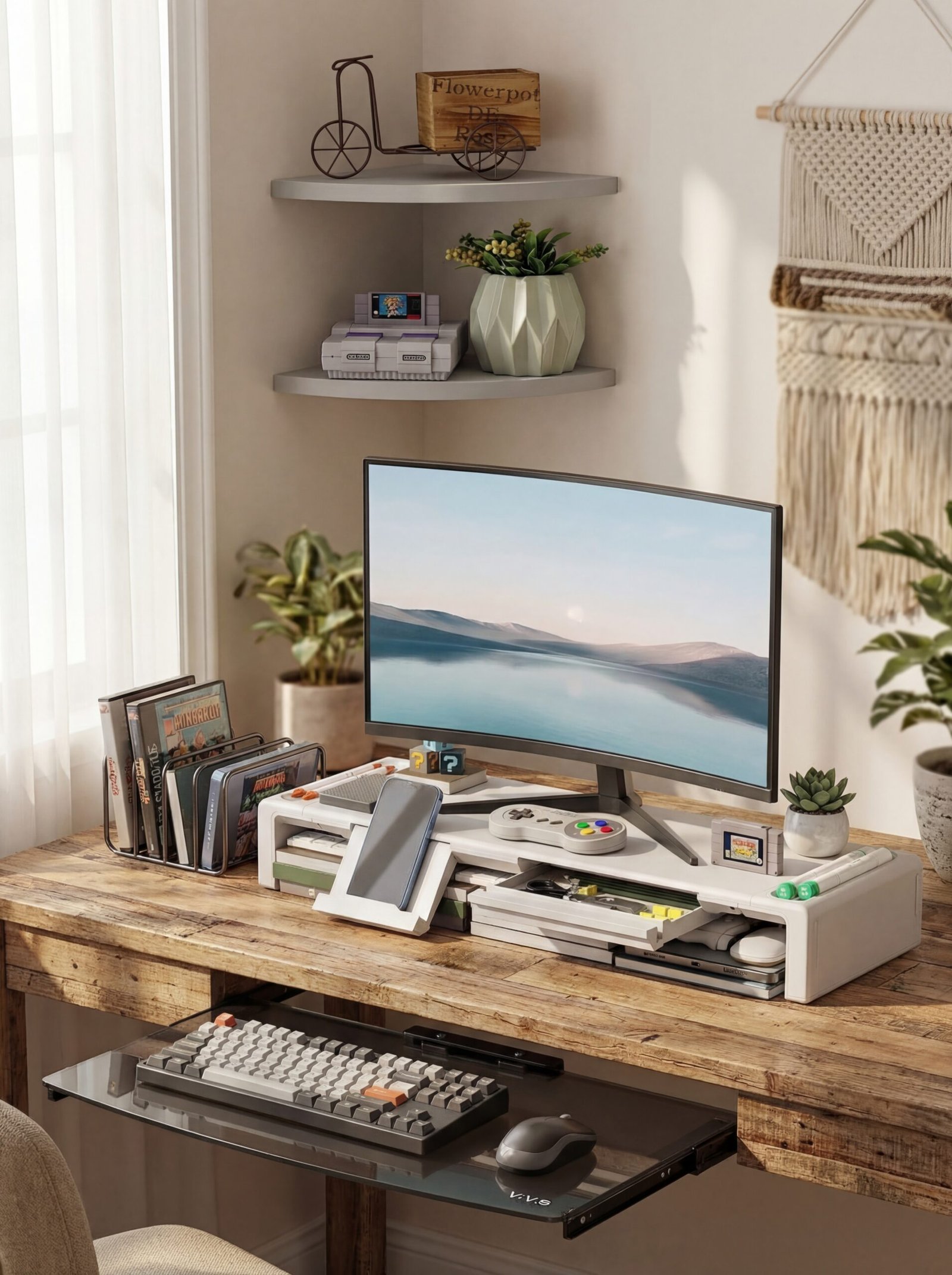 Transformed thrifted furniture pieces customized into premium gaming desk setup with modern accessories