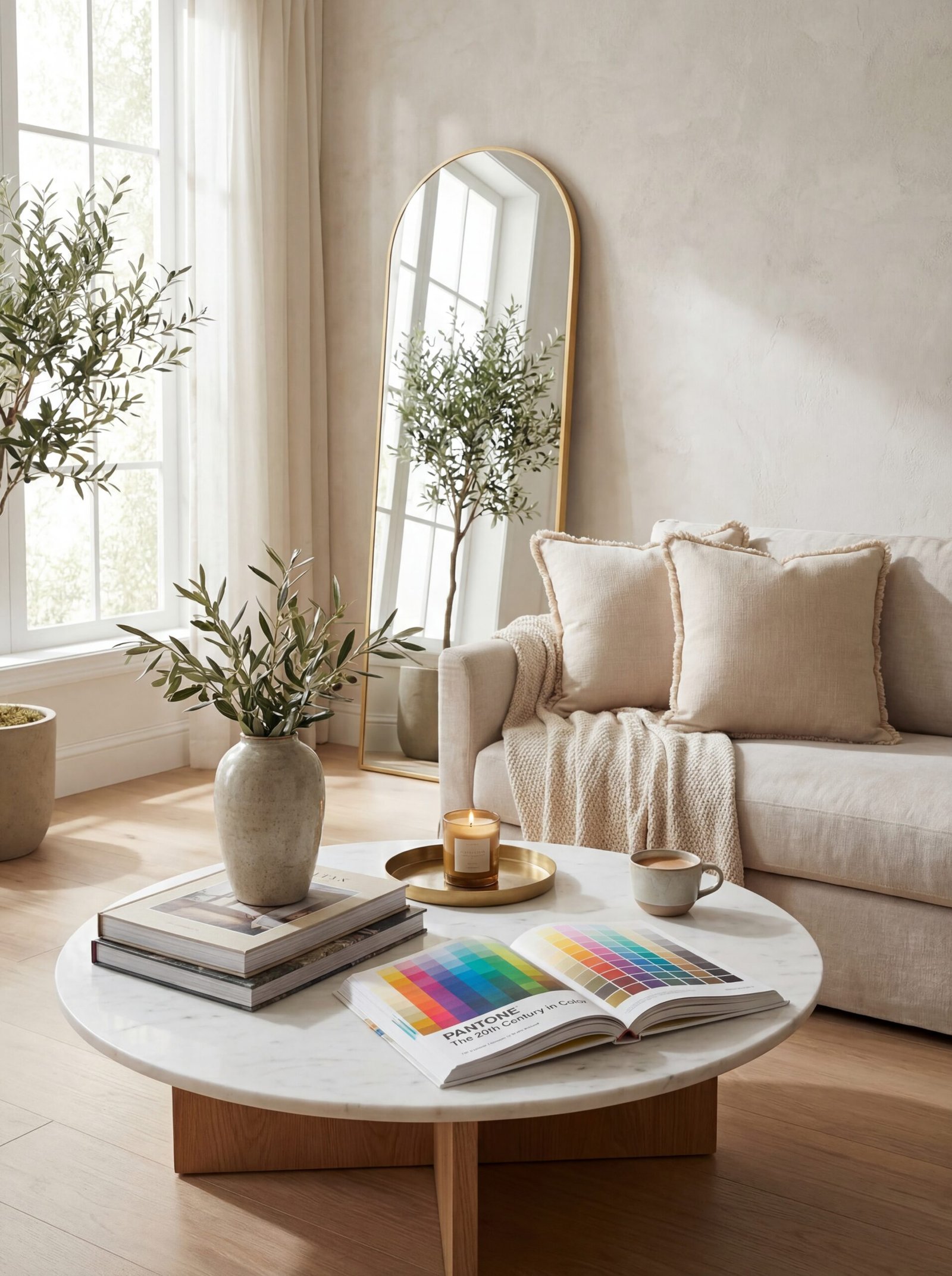 Curated coffee table books like Pantone color guide displayed with decorative cream pillows and elegant gold arched floor mirror for timeless sophisticated home styling