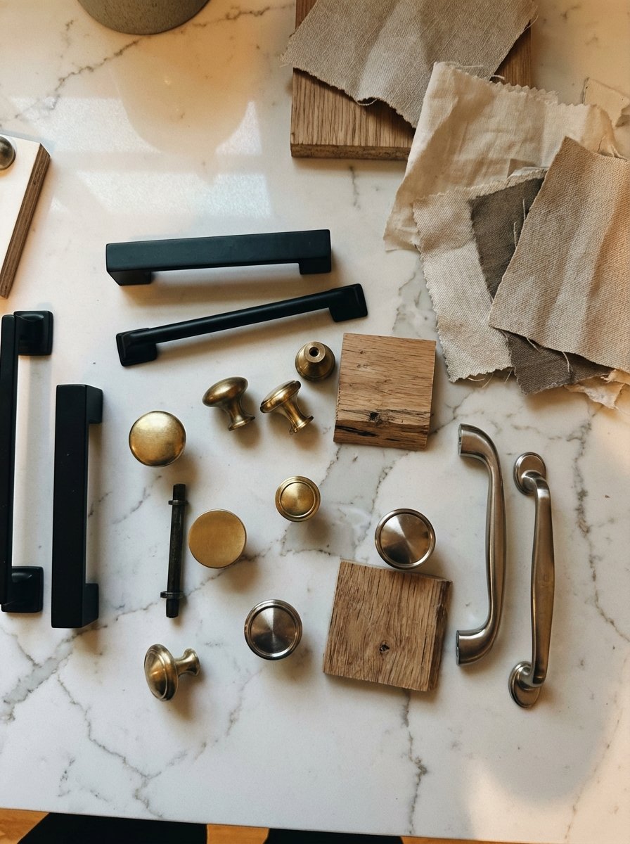 Collection of cabinet hardware including matte black pulls and brass knobs displayed on white marble with design material samples