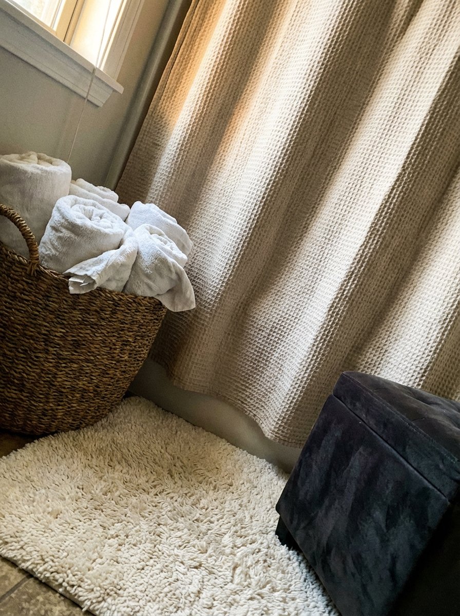 Luxury bathroom textiles including rolled Turkish cotton towels, plush bath mat, and linen shower curtain