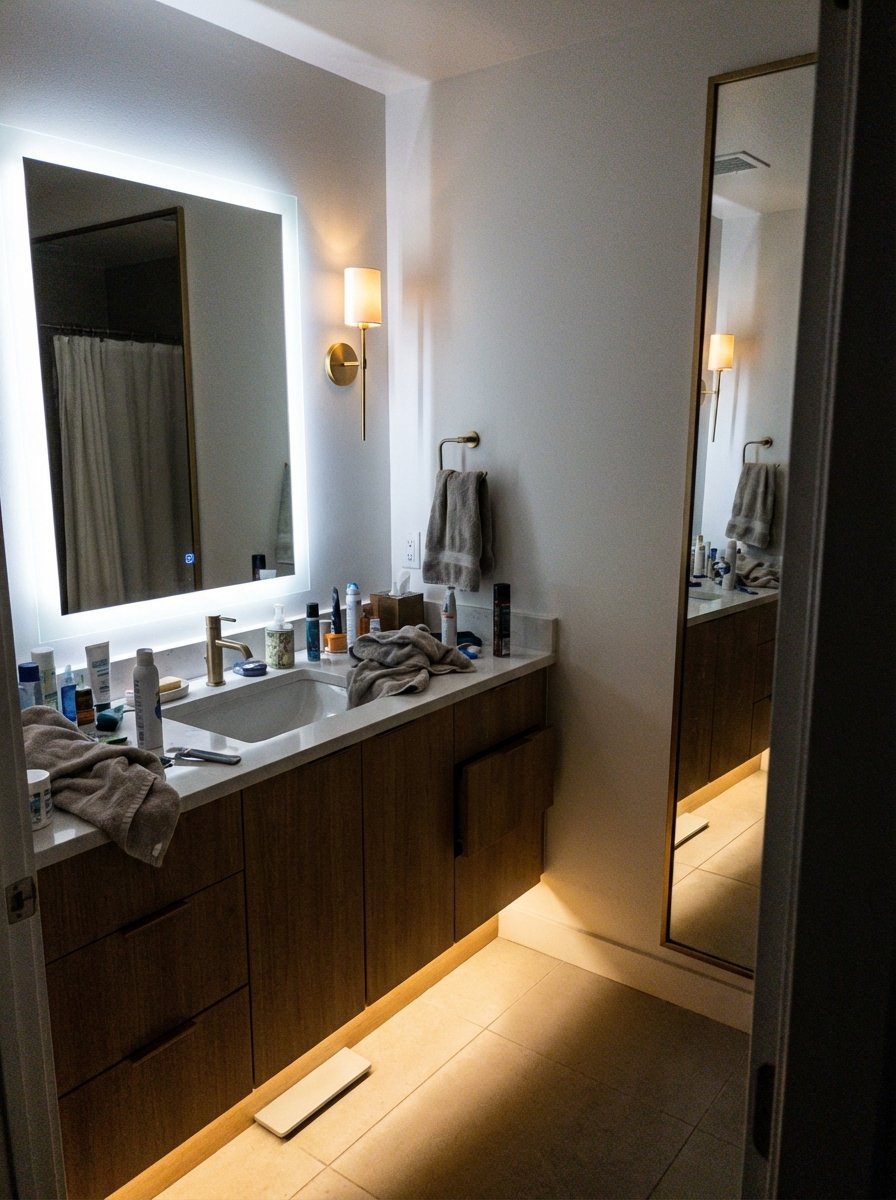 Modern bathroom vanity with layered lighting featuring backlit mirror and warm LED strips
