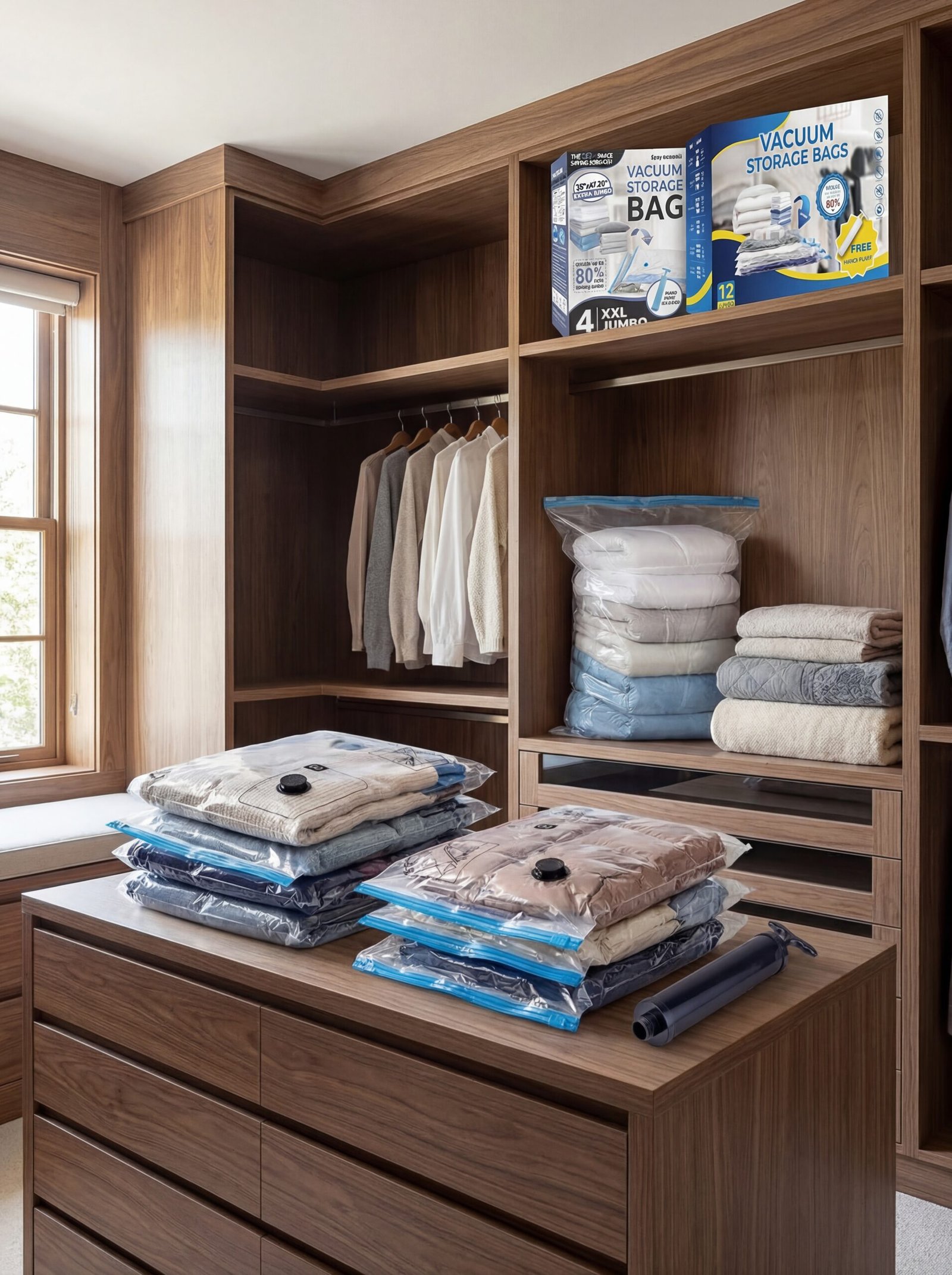 Vacuum-sealed storage bags compressing seasonal winter coats and bedding in organized attic space