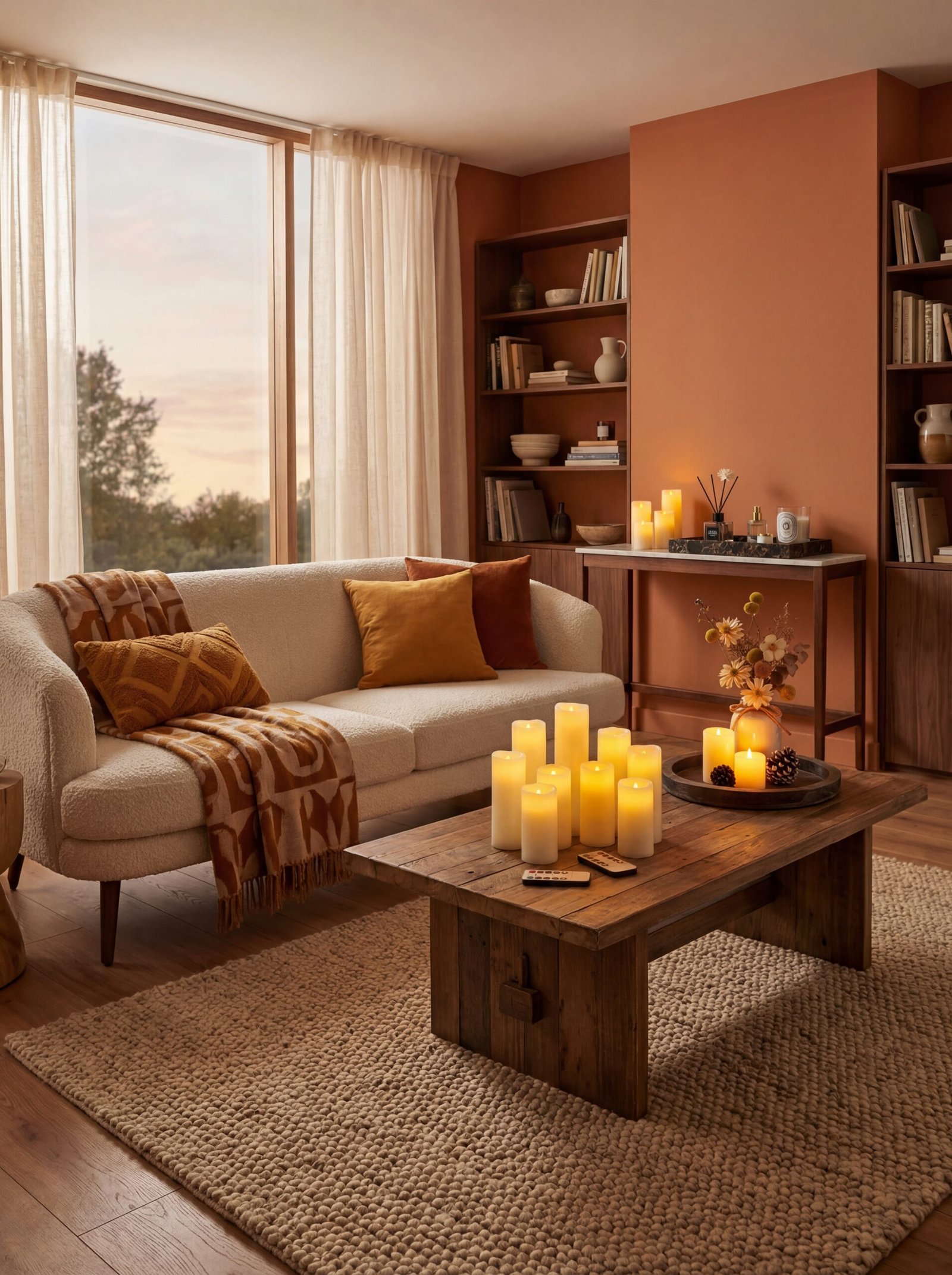 Warm color palette featuring flameless candles, wooden serving trays, and marble accents in amber and brown tones