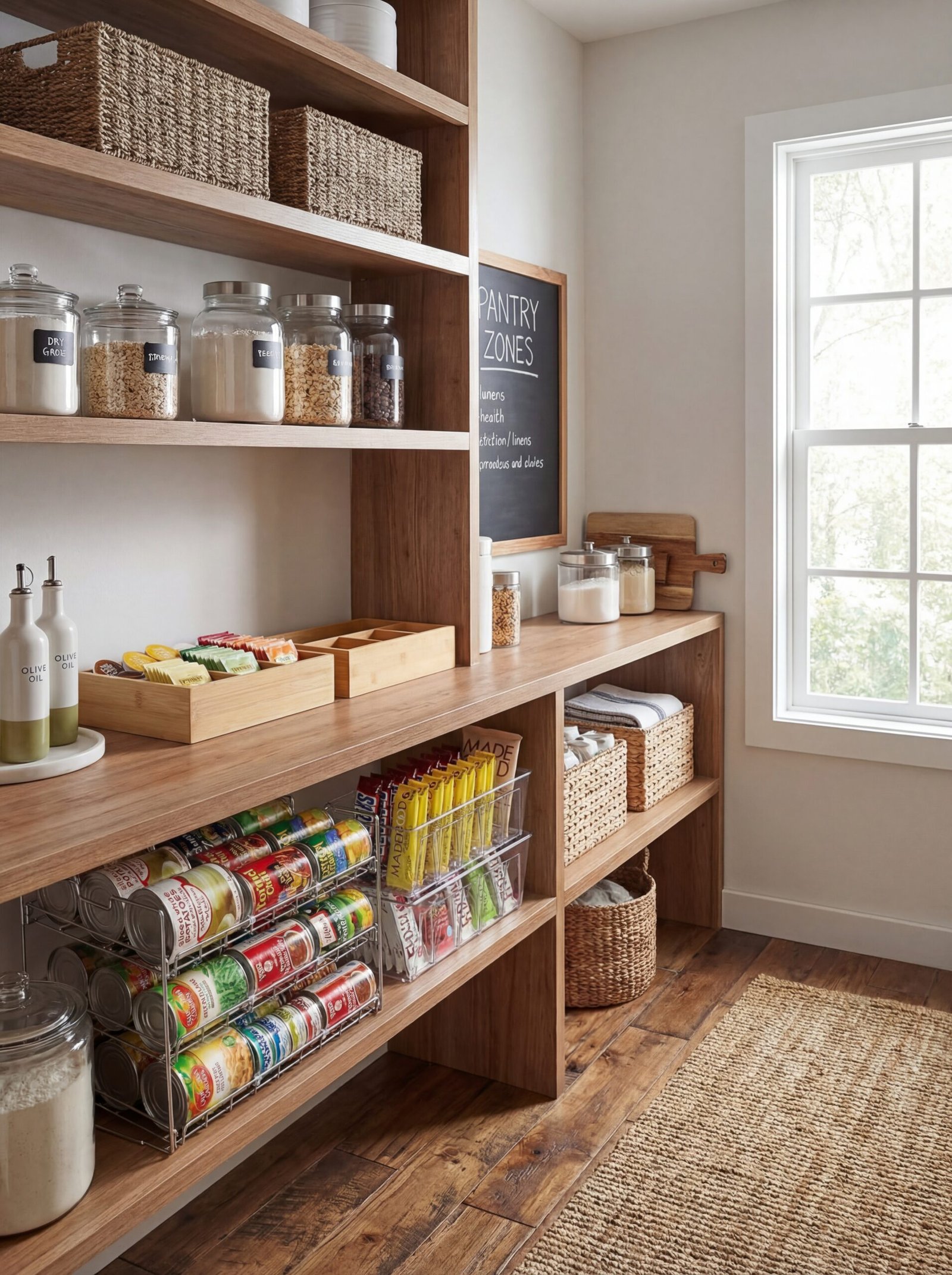Strategically zoned pantry with separate sections for baking supplies, canned goods, snacks, and beverages using dividers and stackable organizers
