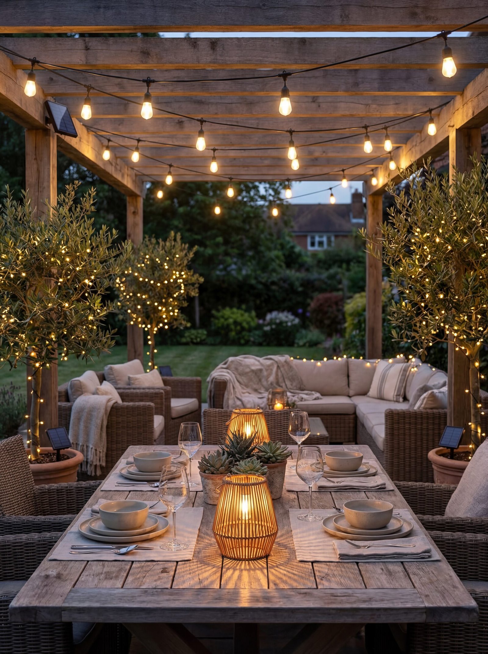Solar-powered string lights and handcrafted lanterns creating warm evening ambiance on a terrace