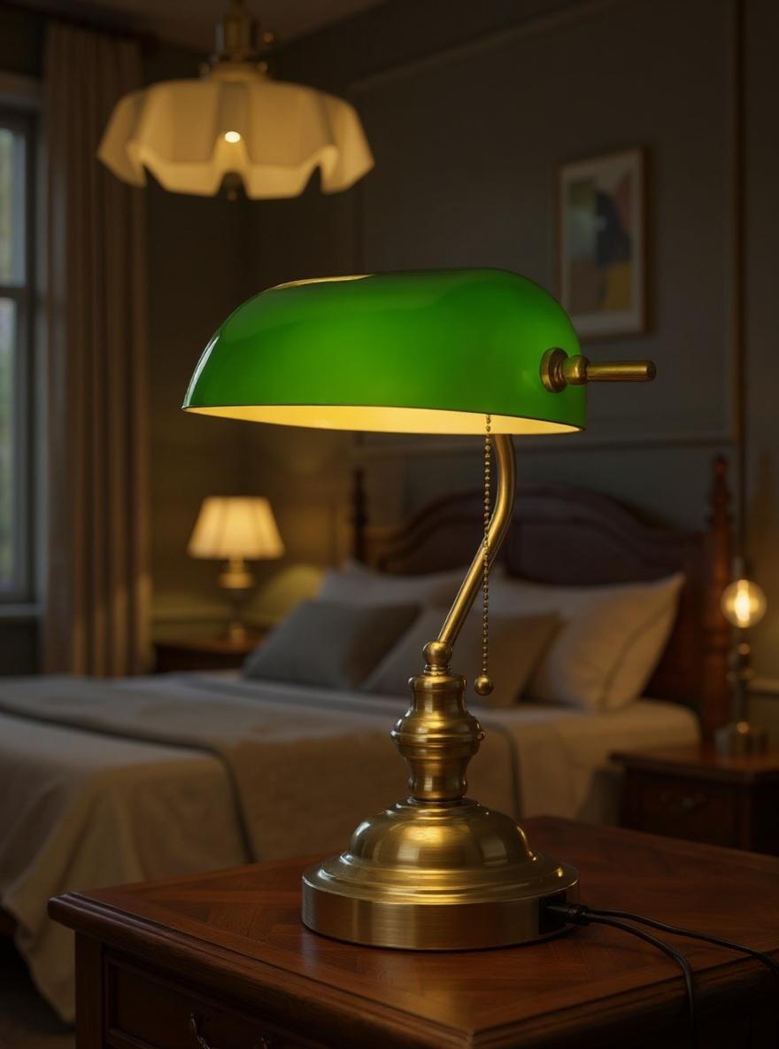 Ambient lighting featuring banker's lamps and Edison bulbs creates dark academia bedroom atmosphere