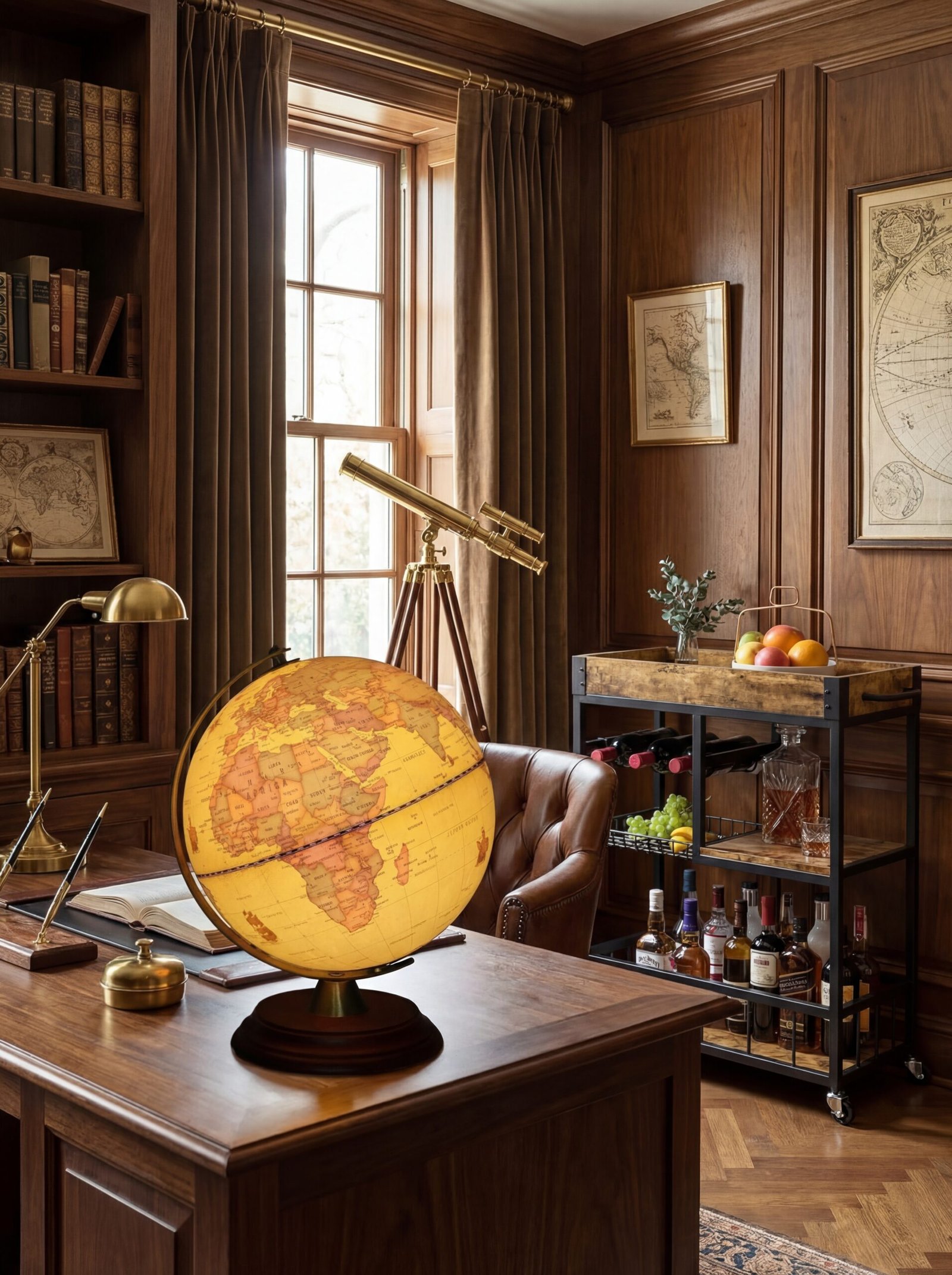 Vintage illuminated world globe with wooden stand serving as both decor and conversation piece in study room