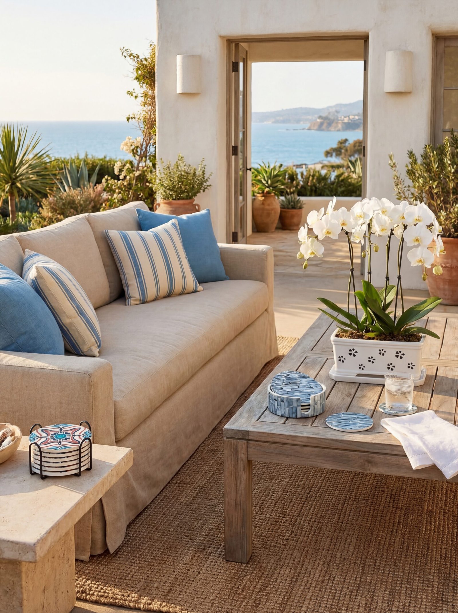 Azure blue cushions and decorative accents contrasting beautifully with sun-bleached neutral tones in a Mediterranean coastal patio design