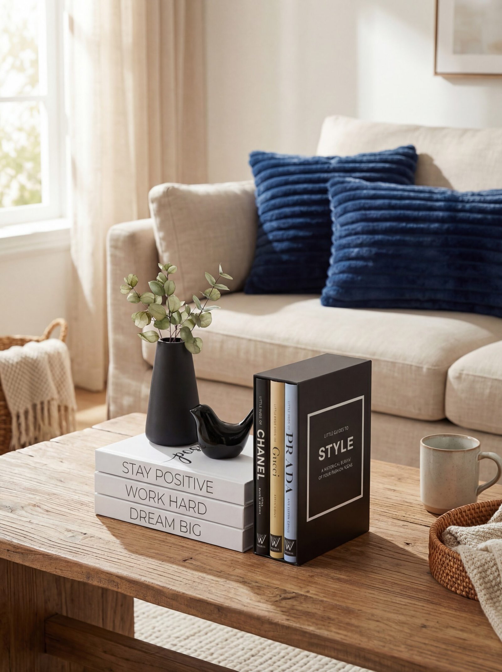 Curated collection of designer coffee table books styled as decorative elements on luxury living room surfaces