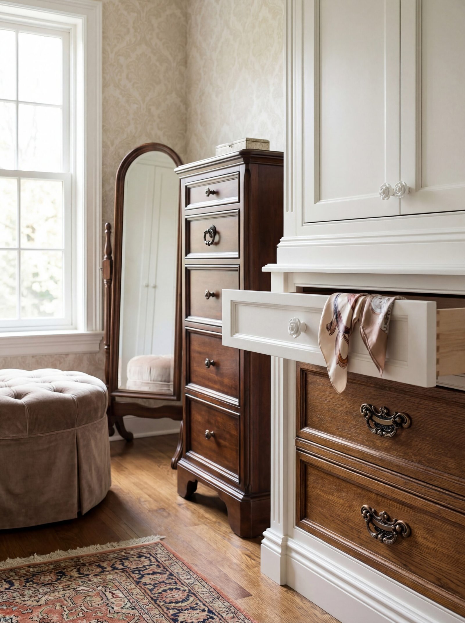 Victorian crystal and brass doorknobs and cabinet hardware for dressing room doors