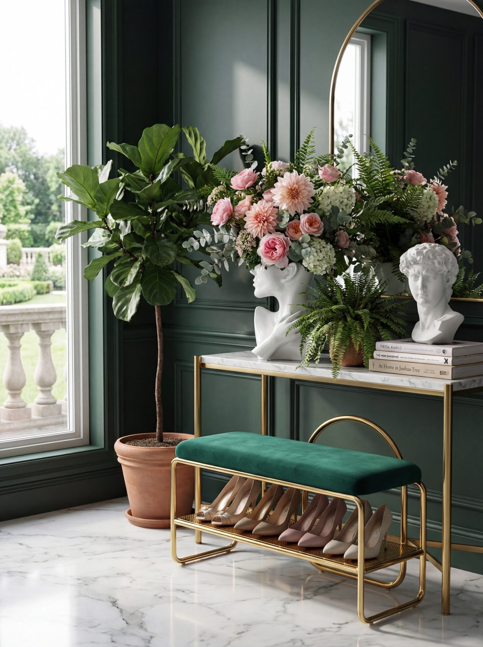 Elegant white sculptural vase filled with fresh white roses on marble console creating living focal point