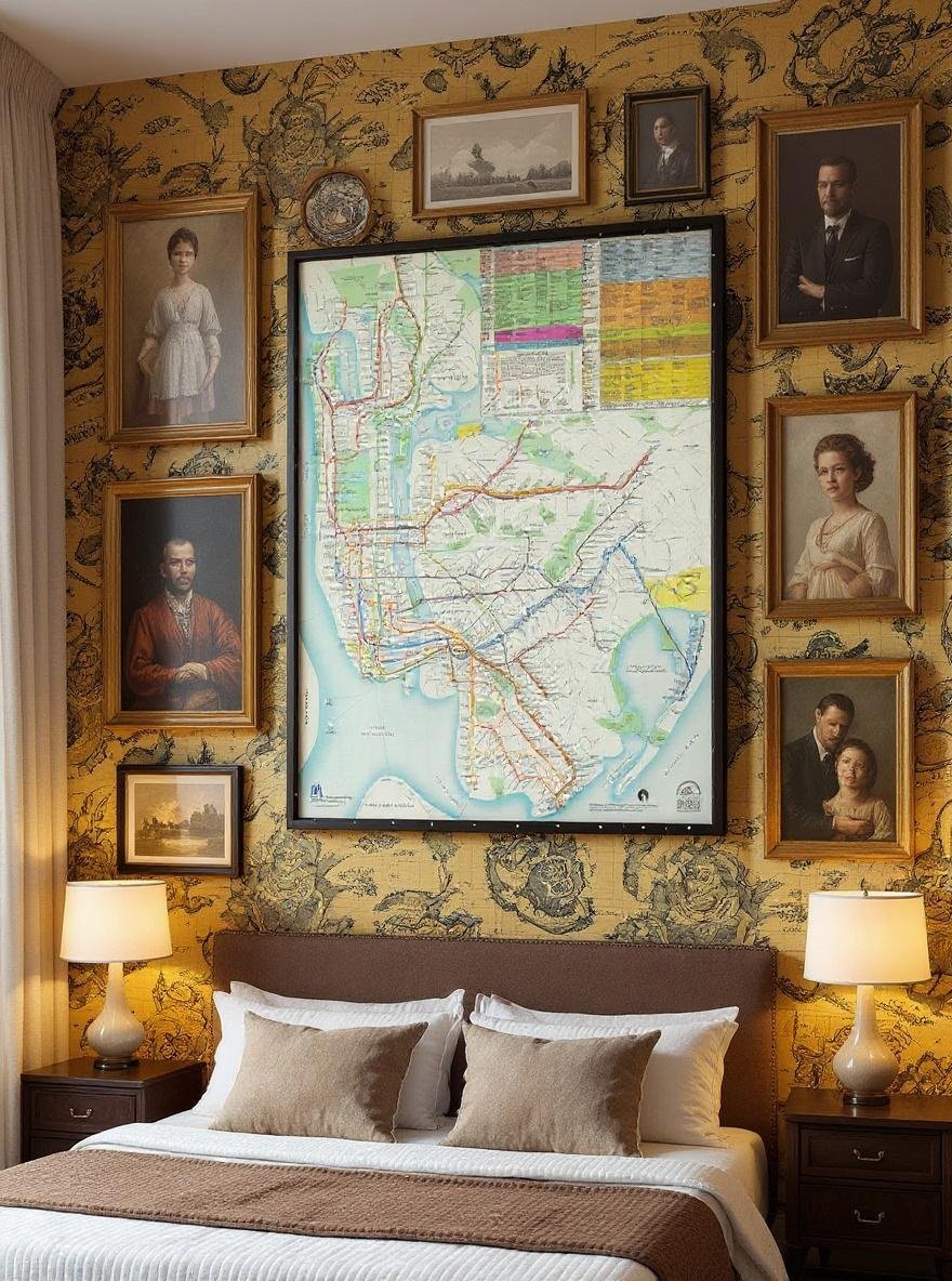 Gallery wall featuring classical art and family portraits enhances dark academia bedroom atmosphere