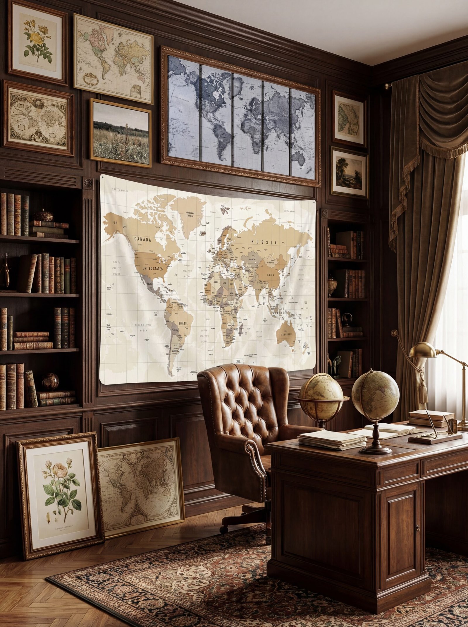 Curated gallery wall displaying vintage maps and classical art prints in dark frames creating scholarly atmosphere
