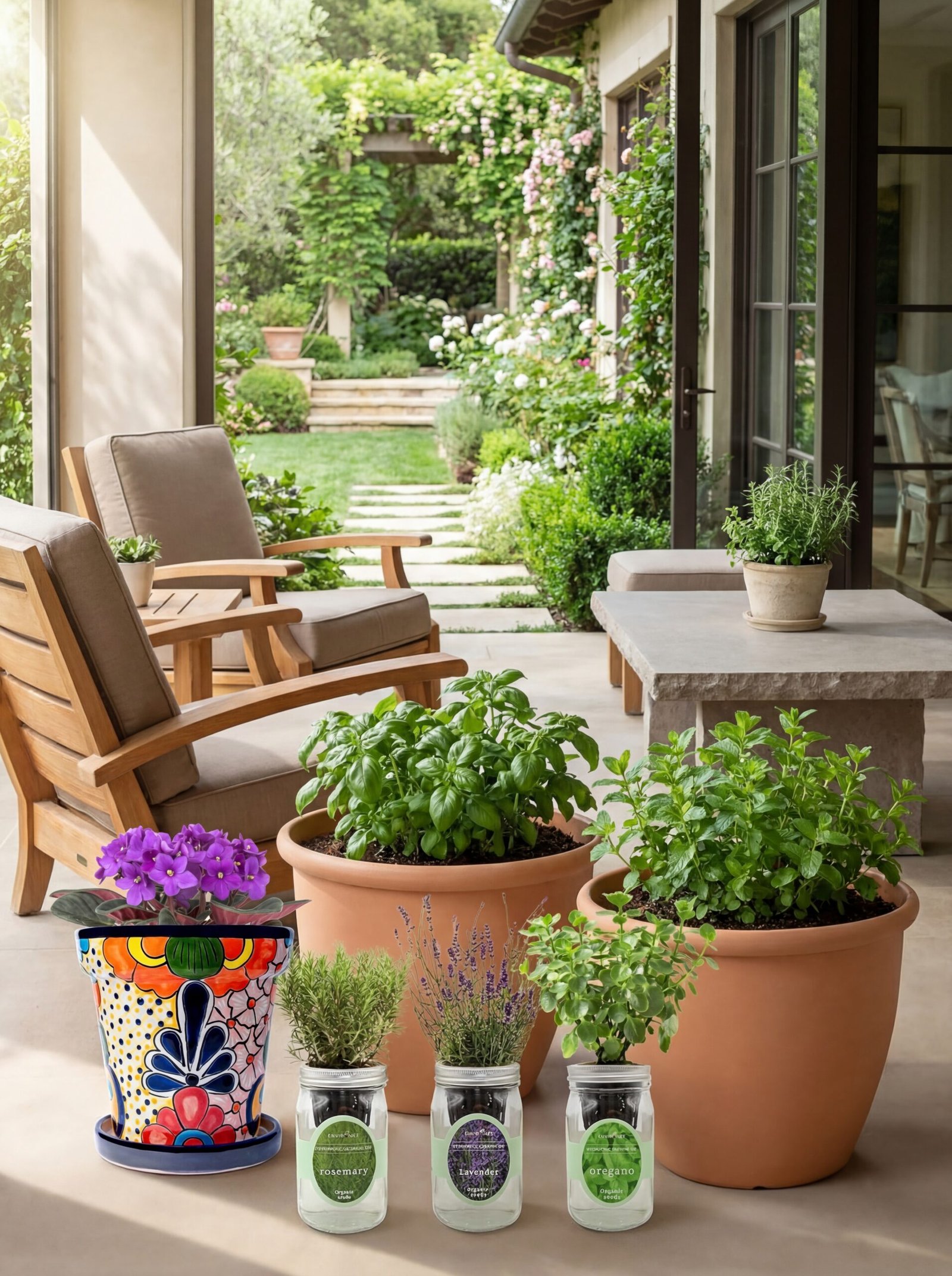 Glazed ceramic pots filled with aromatic Mediterranean herbs arranged on a sunny villa patio creating a functional culinary garden