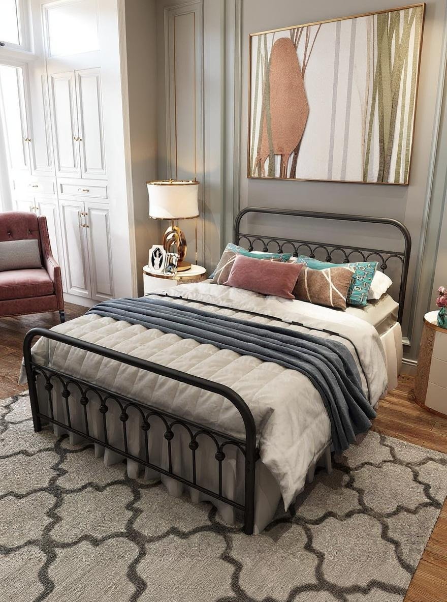 Heirloom furniture pieces blend seamlessly in a dark academia master bedroom for multi-generational living