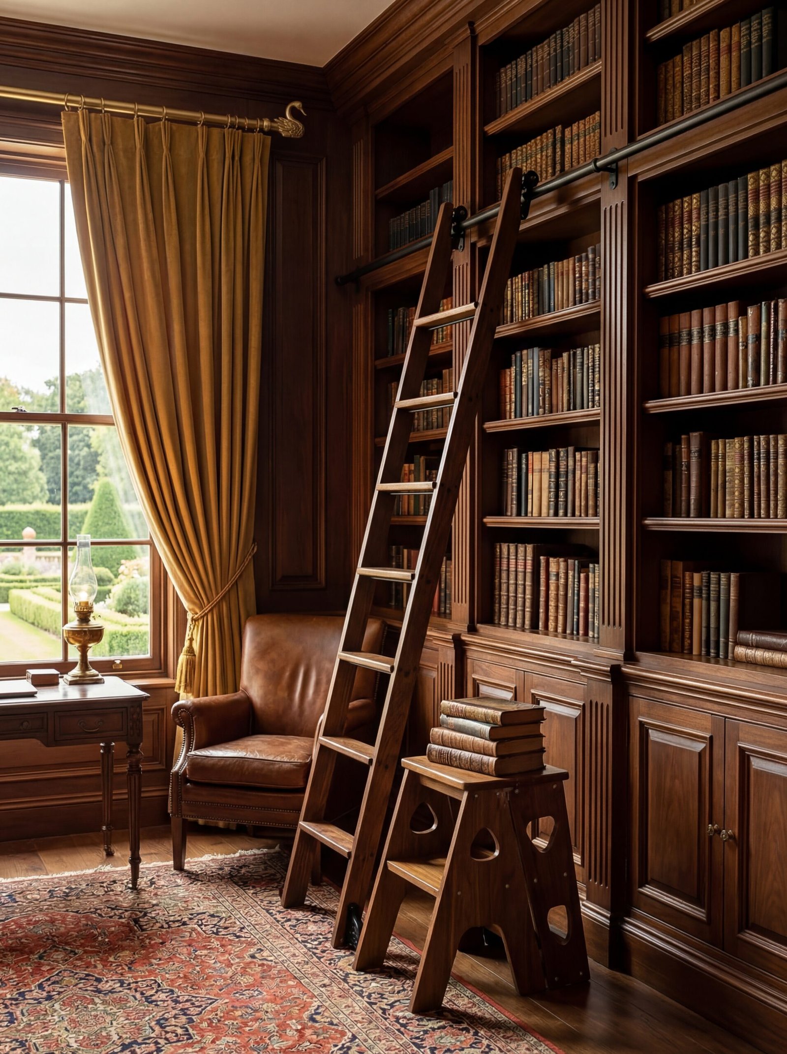 Victorian-style rolling library ladder providing elegant access to floor-to-ceiling bookshelves in study room