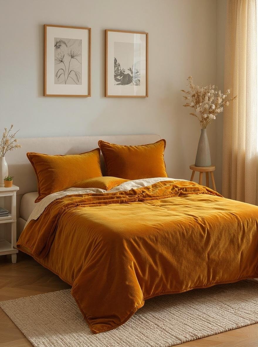 Layered textiles including velvet, tweed, and wool create academic warmth in dark academia bedroom