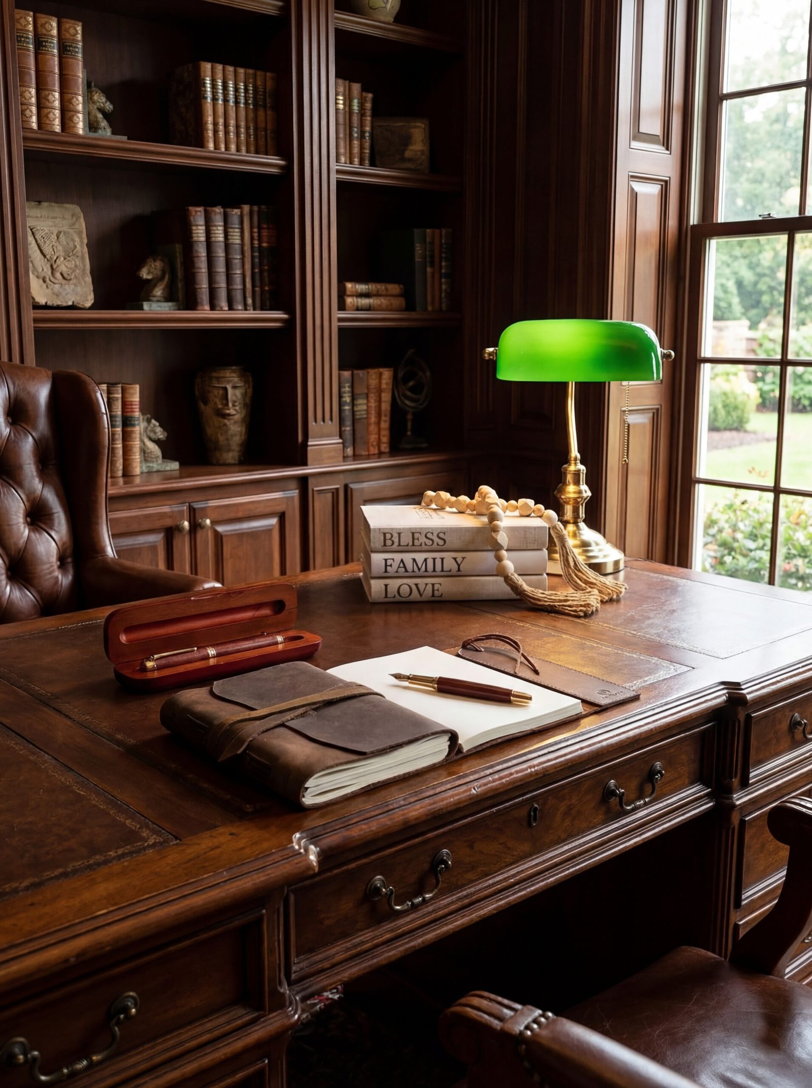 Vintage leather-bound book collection displayed as decorative architectural elements in a dark academia study