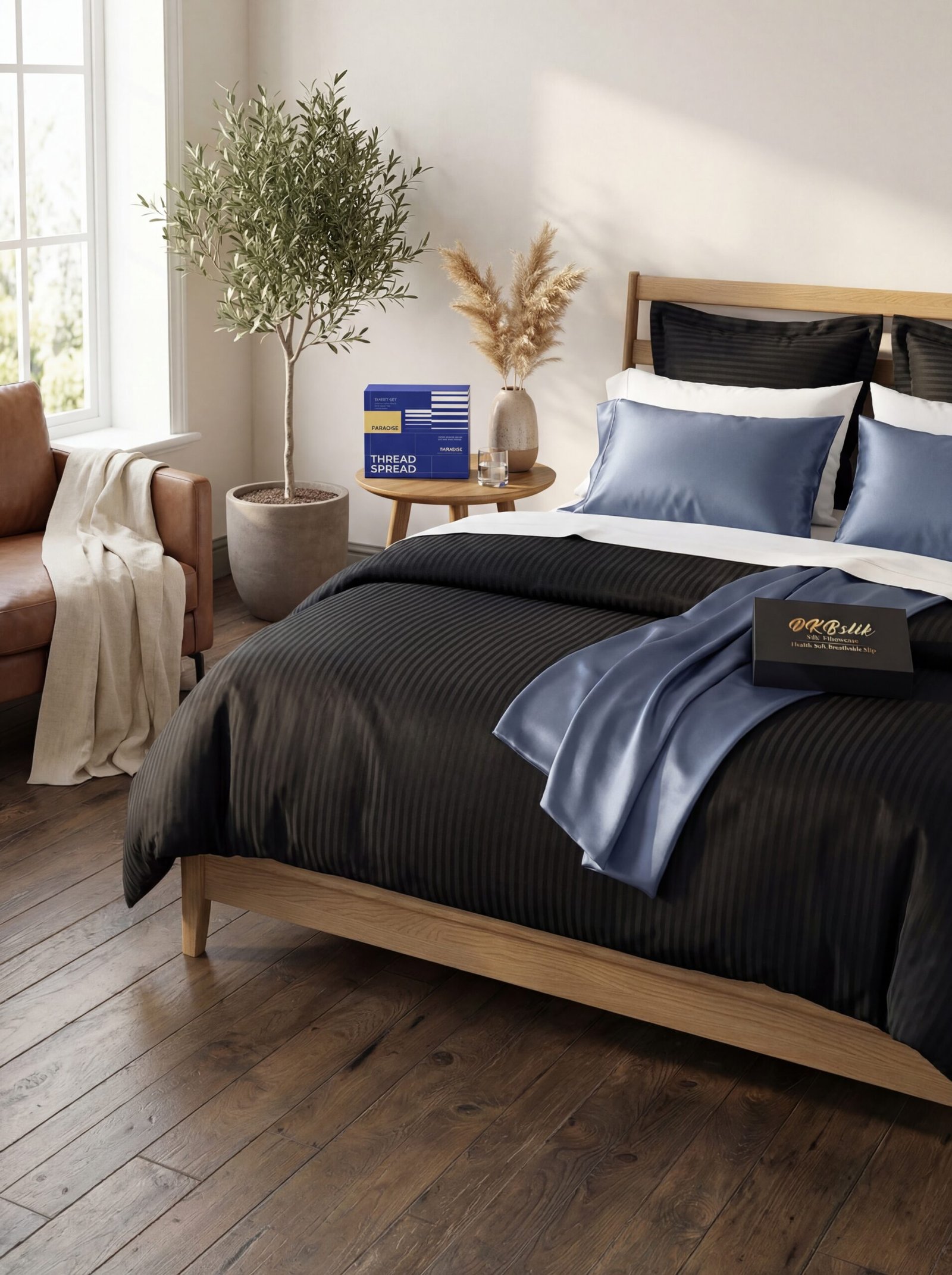 Luxurious master bedroom bed with Egyptian cotton sheets, damask stripe duvet, and silk pillowcases in elegant styling