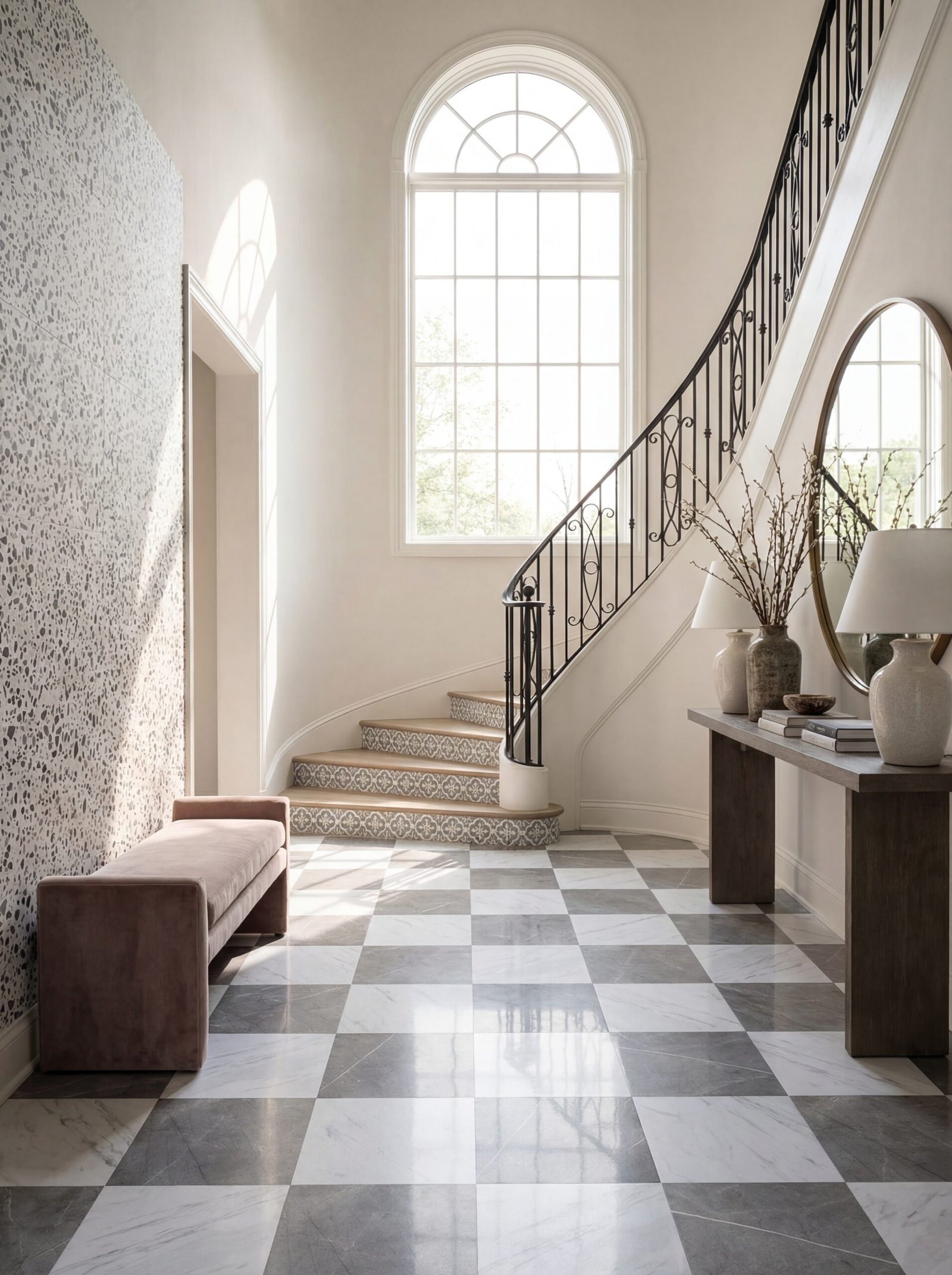 Elegant checkerboard marble flooring in black and white creating classic neo-classical entrance aesthetic