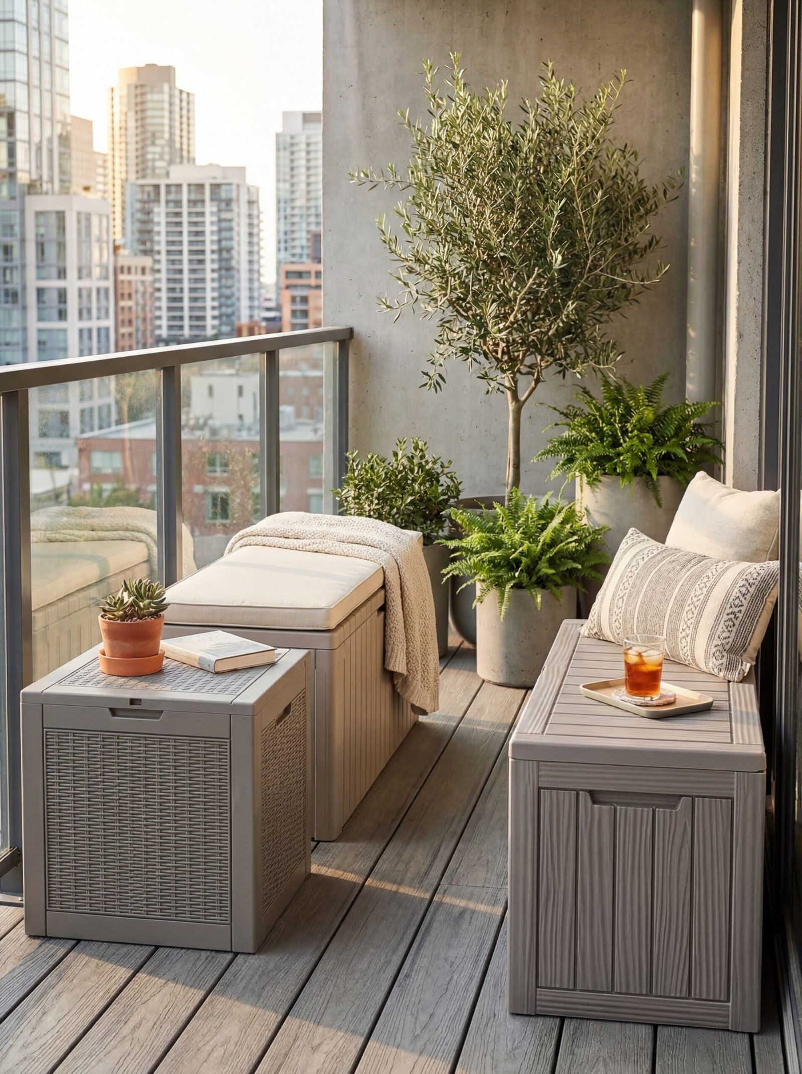 Waterproof resin deck box with hidden storage serving as outdoor bench seating