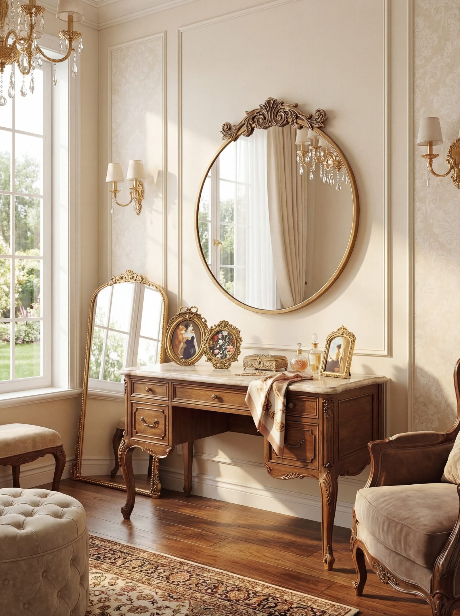 Ornate gilded Victorian mirror with baroque detailing perfect for multi-generational dressing rooms