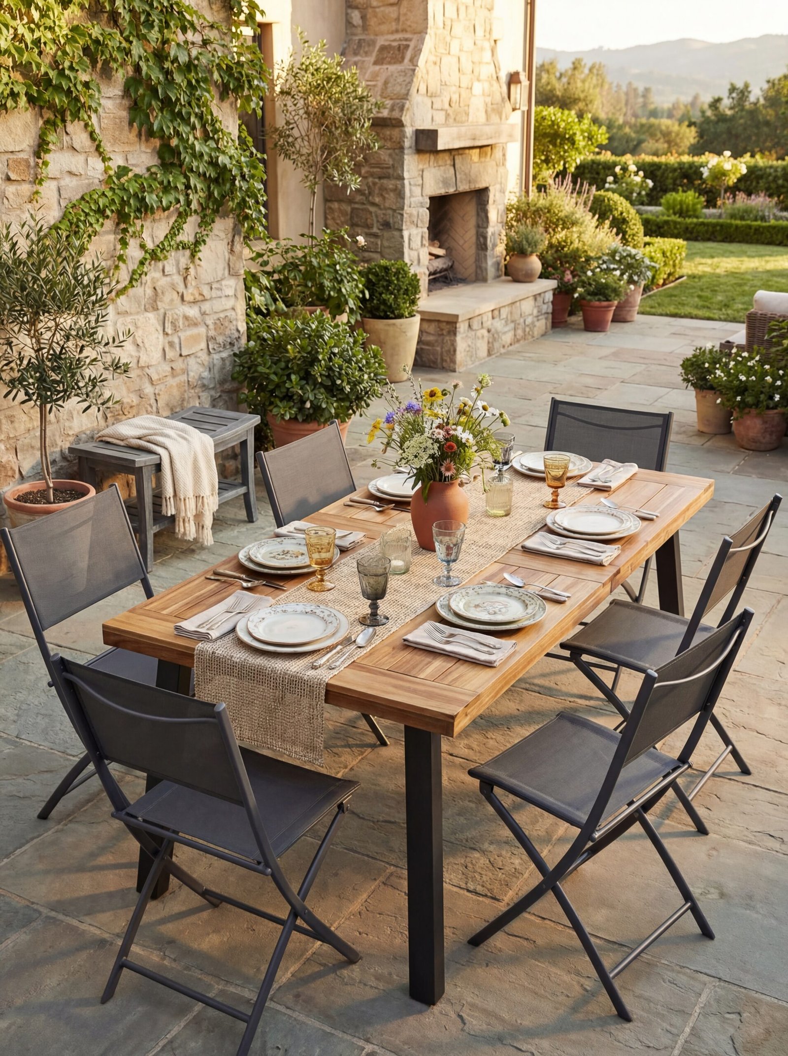 Mediterranean outdoor dining area featuring rustic wooden table set with vintage tableware in a villa patio setting