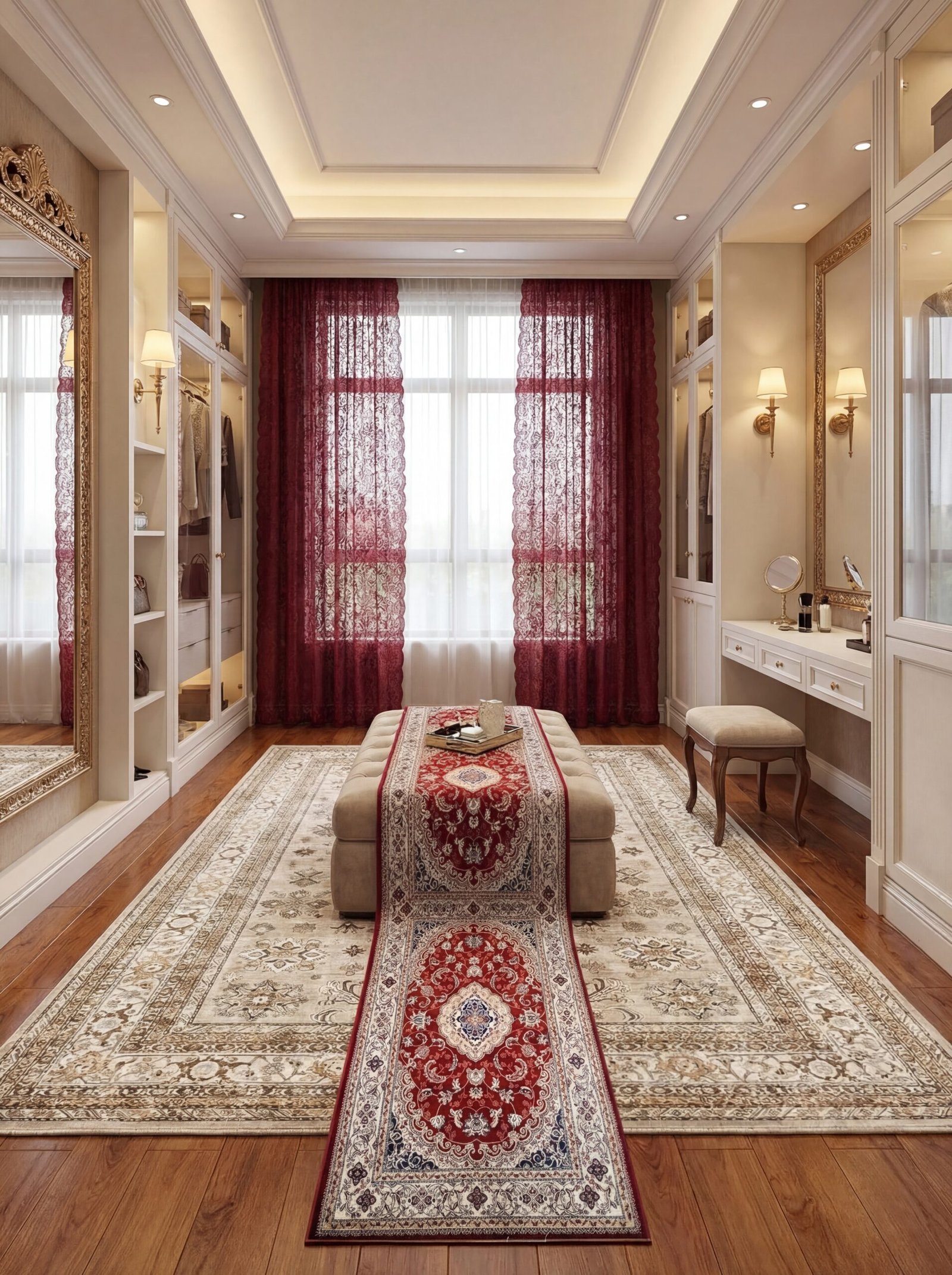 Durable Persian-style rug with Victorian patterns suitable for high-traffic dressing areas