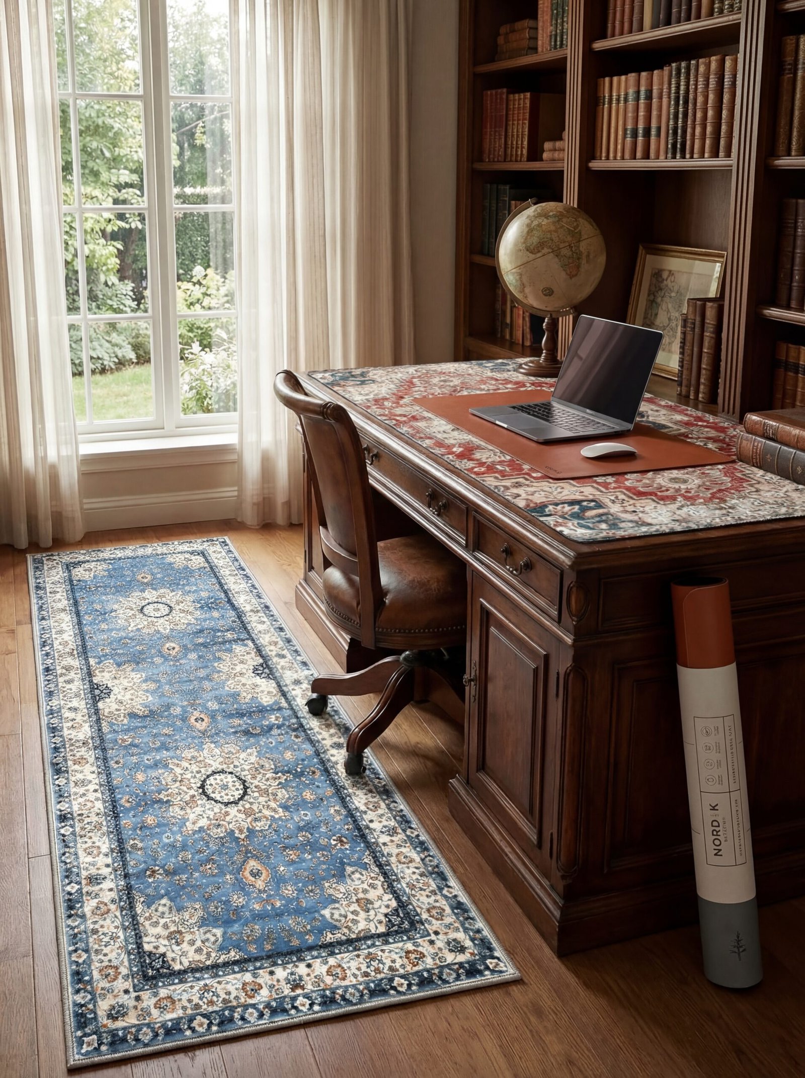 Rich Persian-style area rug with intricate medallion pattern grounding a dark academia study reading corner