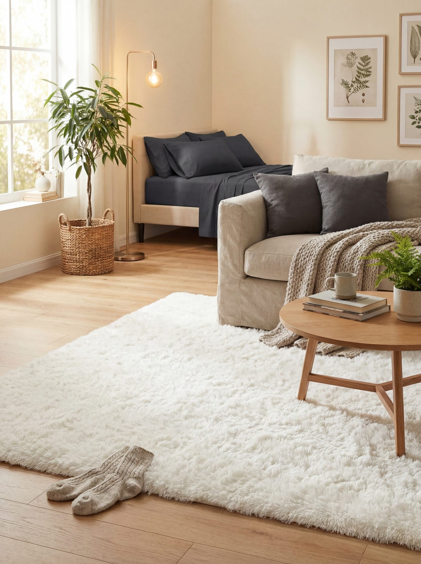Cozy master bedroom with fluffy cream area rug, grey shag rug beside bed, and luxurious bamboo sheets creating warm atmosphere