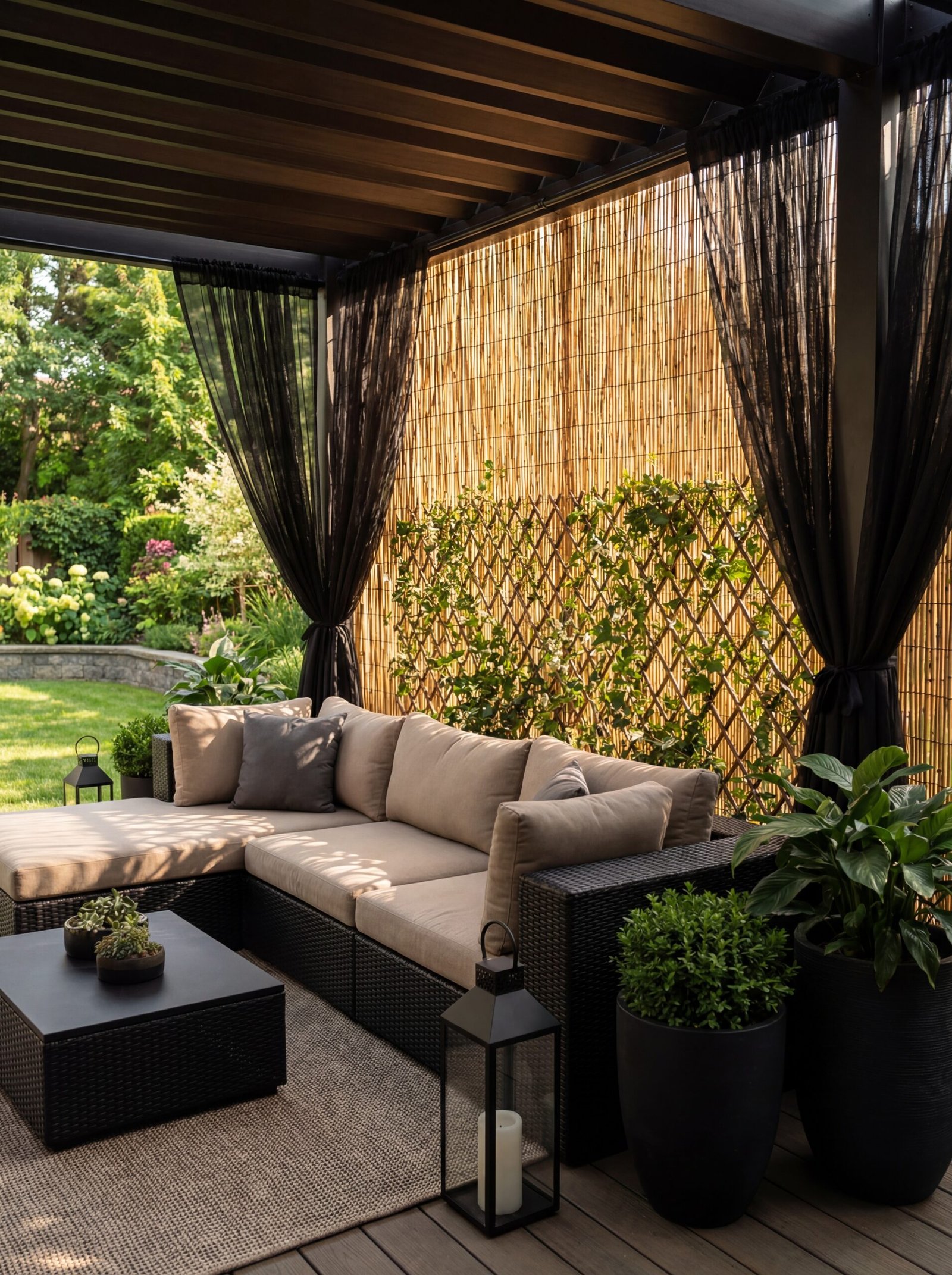 Natural bamboo reed fencing providing privacy while allowing filtered light on a courtyard terrace
