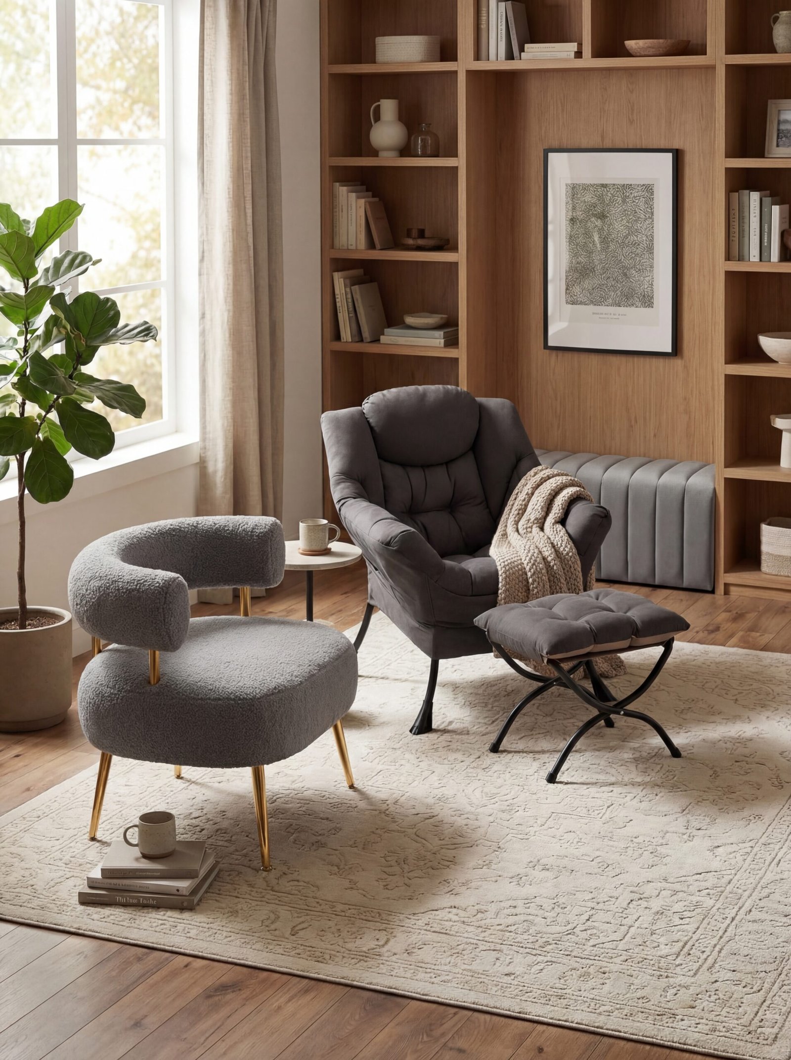 Cozy master bedroom corner with sherpa boucle accent chair, modern lounge chair with ottoman, and upholstered storage bench
