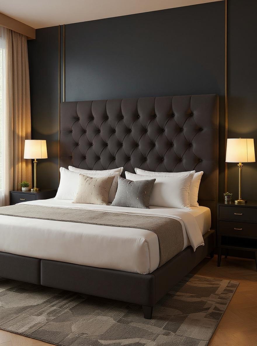 Rich leather upholstery combined with antique brass fixtures creates a timeless dark academia master bedroom aesthetic