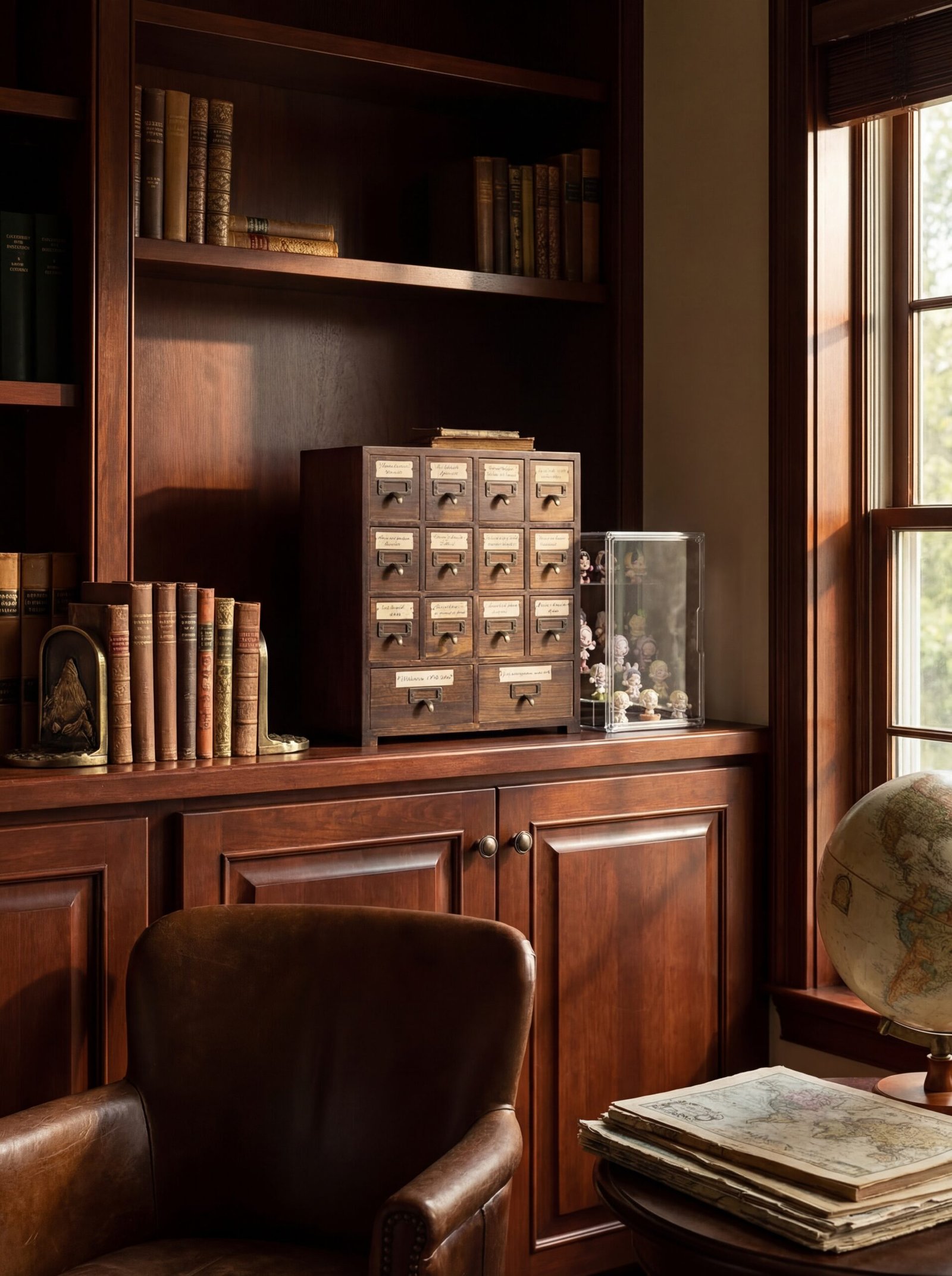 Deep mahogany wooden shelving system with antique brass bookends displaying leather-bound volumes